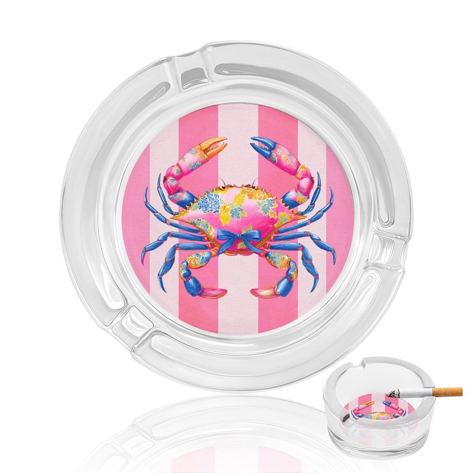 Preppy Neon Pink Crab with Blue Bow Glass Ashtray for Cigarettes Portable Decorative Ash Trays for Home Office Decor