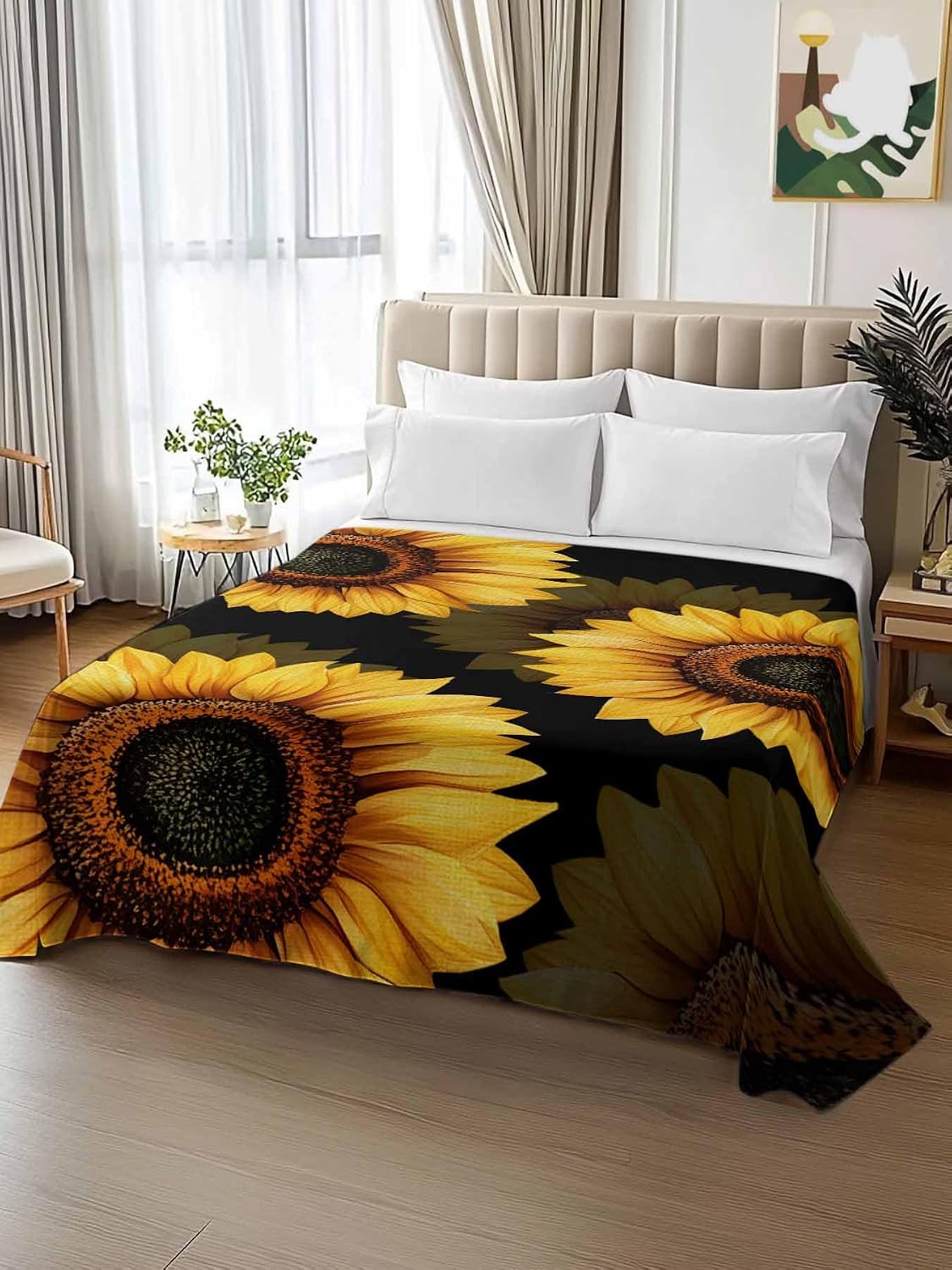 Full Flat Sheet Only Bedding Flat Sheet, Rustic Watercolor Sunflower on Black Microfiber Breathable Top Sheets, Farmhouse Floral Art Soft Bed Sheets for Bedroom Living Room Sofa