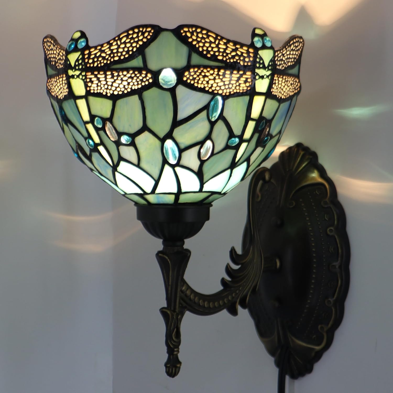 Wall Sconce Lamp Plug in with 8 inch Stained Glass Lampshade 8X10.5X11 Inch Stained Glass Wall Lamp (Sea Blue Dragonfly)