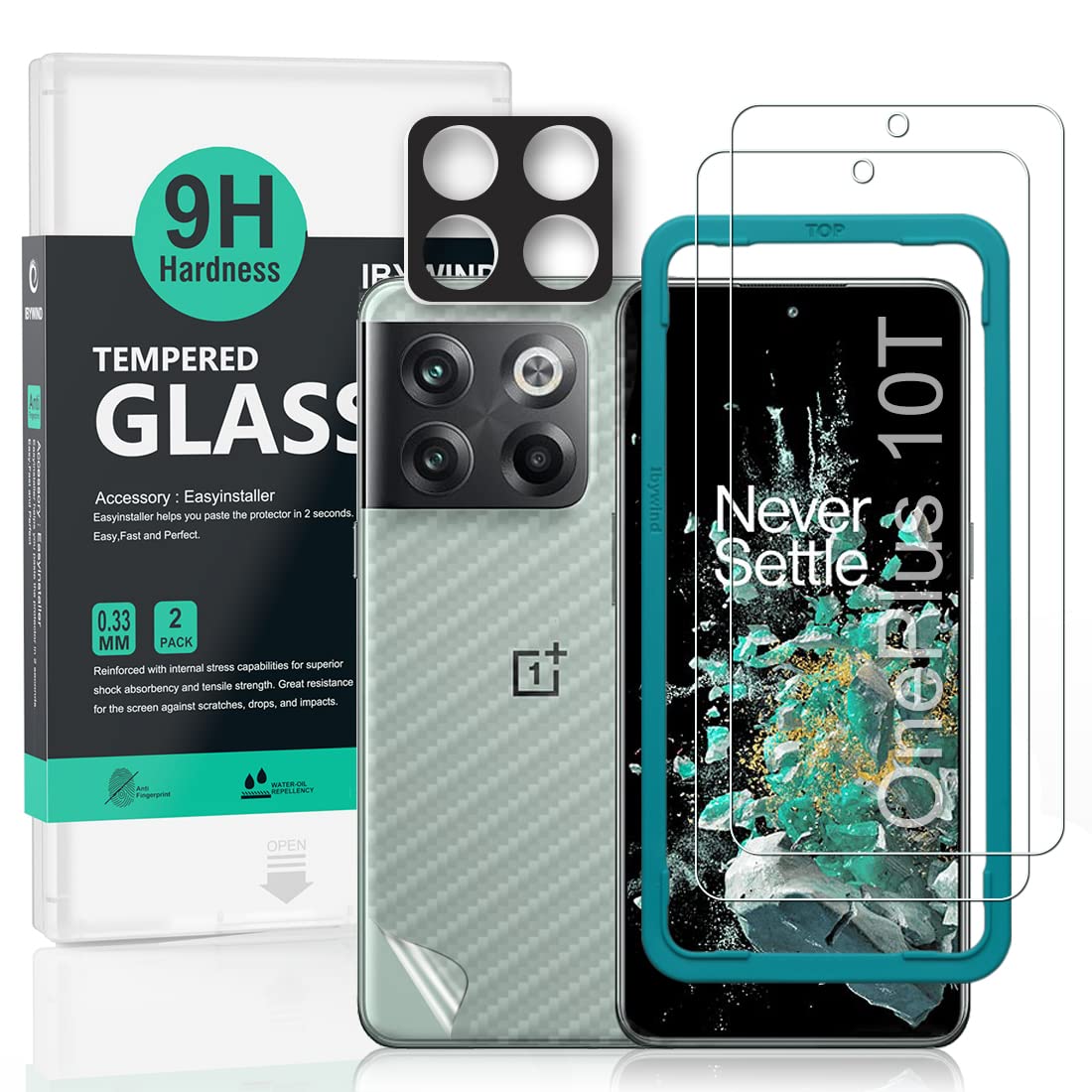 Ibywind Screen Protector For OnePlus 10T 5G(6.7 Inches),with 2Pcs Tempered Glass,1Pc Camera Lens Protector,1Pc Backing Carbon Fiber Film[Fingerprint Reader,Easy to install]