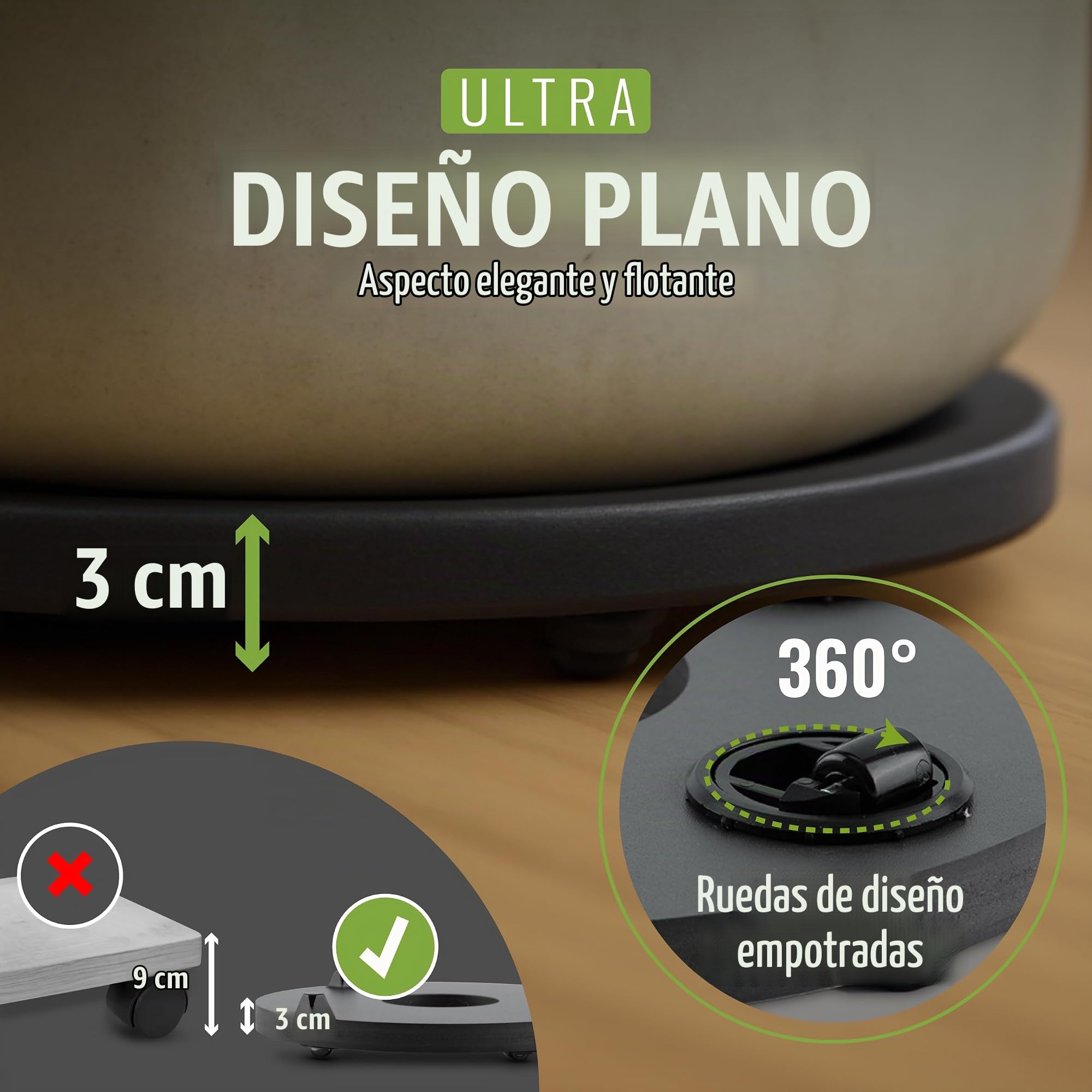 Pflanzwerk® Porta Plantas rodante *ULTRAPLANO Diseño Bajo Plato con Ruedas* Ø28cm para Todas Las macetas y jarrones *Diseño Patentado* * Capacidad de Carga 120KG* * Made in Germany **.