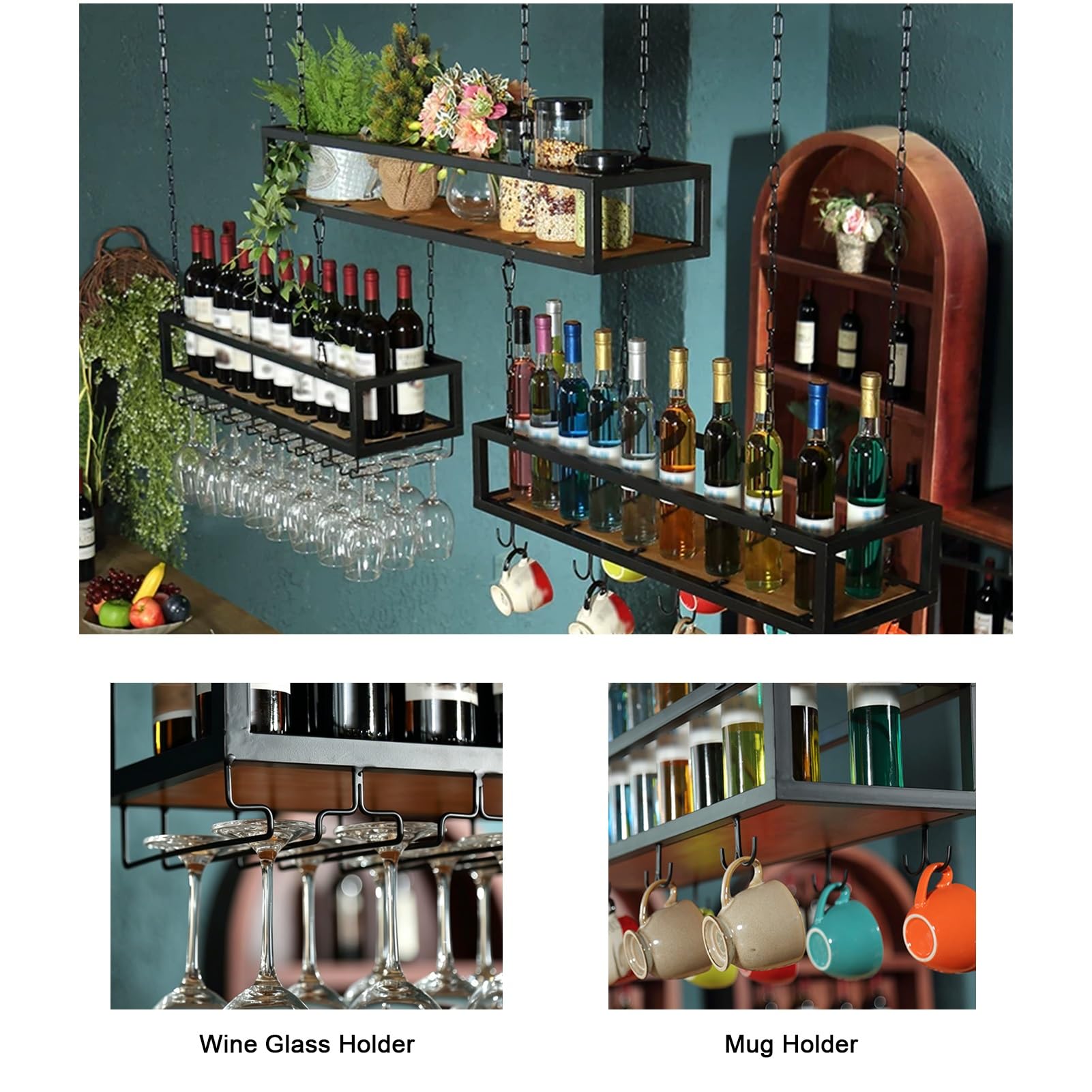 Support de Bouteille de vin de Plafond Suspendu Support de Verre à vin en métal, présentoir d'usine de Stockage de gobelet pour Le Restaurant de Barre de Cuisine à la Maison