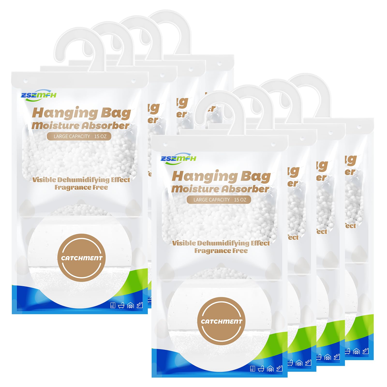 ZSZMFH 8 Pack Moisture Absorber Hanging Bags, Fragrance Free Humidity Packs, 15 OZ Dehumidifier Bags Effectively Trap Extra Moisture,Hanging Closet Dehumidifier Bags-425g/pack