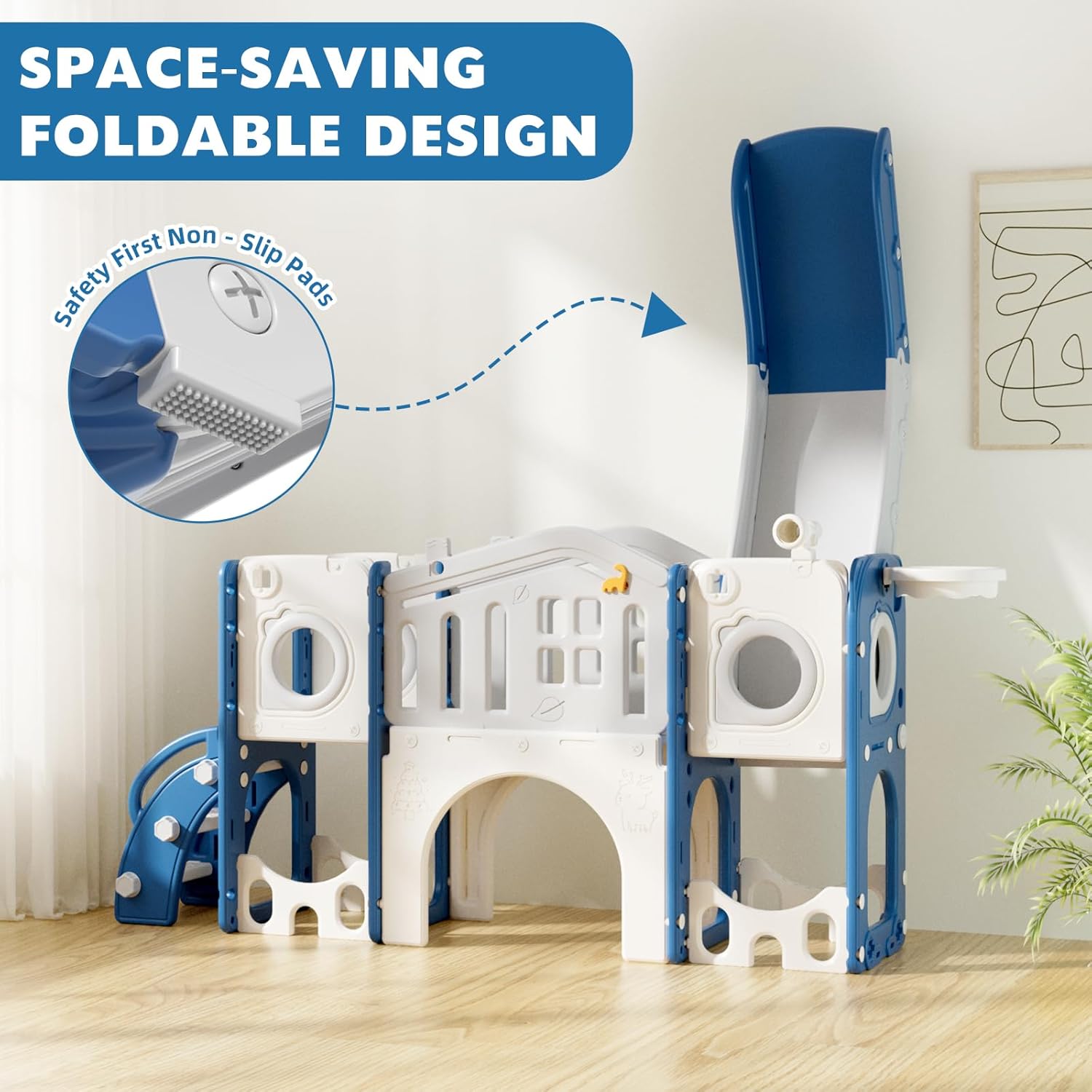 KORIMEFA 11 in 1 Toddler Slide Set - Baby Slide for Toddlers 1-3 with Ring Toss and Basketball Hoop, Indoor Outdoor Toddler Playset Playground, Blue