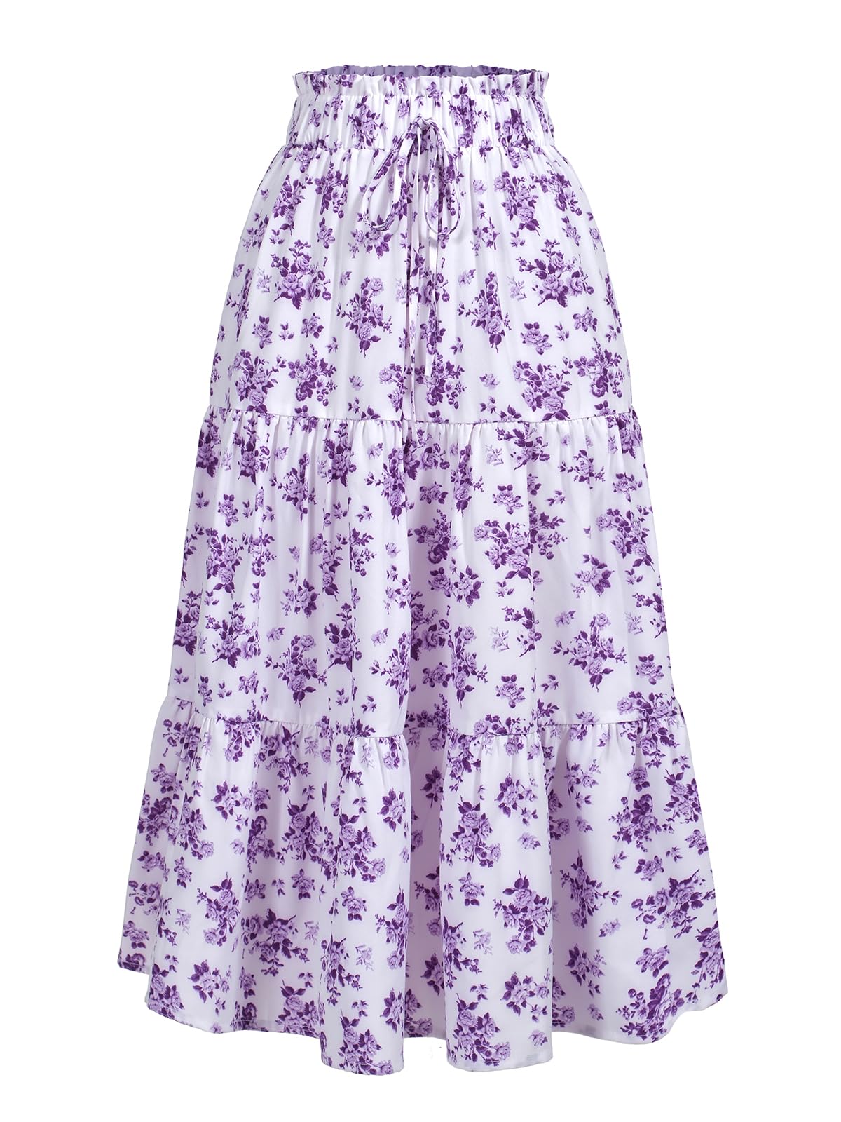 MSLG Women's High Elastic Waist Midi Skirt Casual Summer Trendy Tie Front Flowy Ruffle Floral Print A line Skirts 626