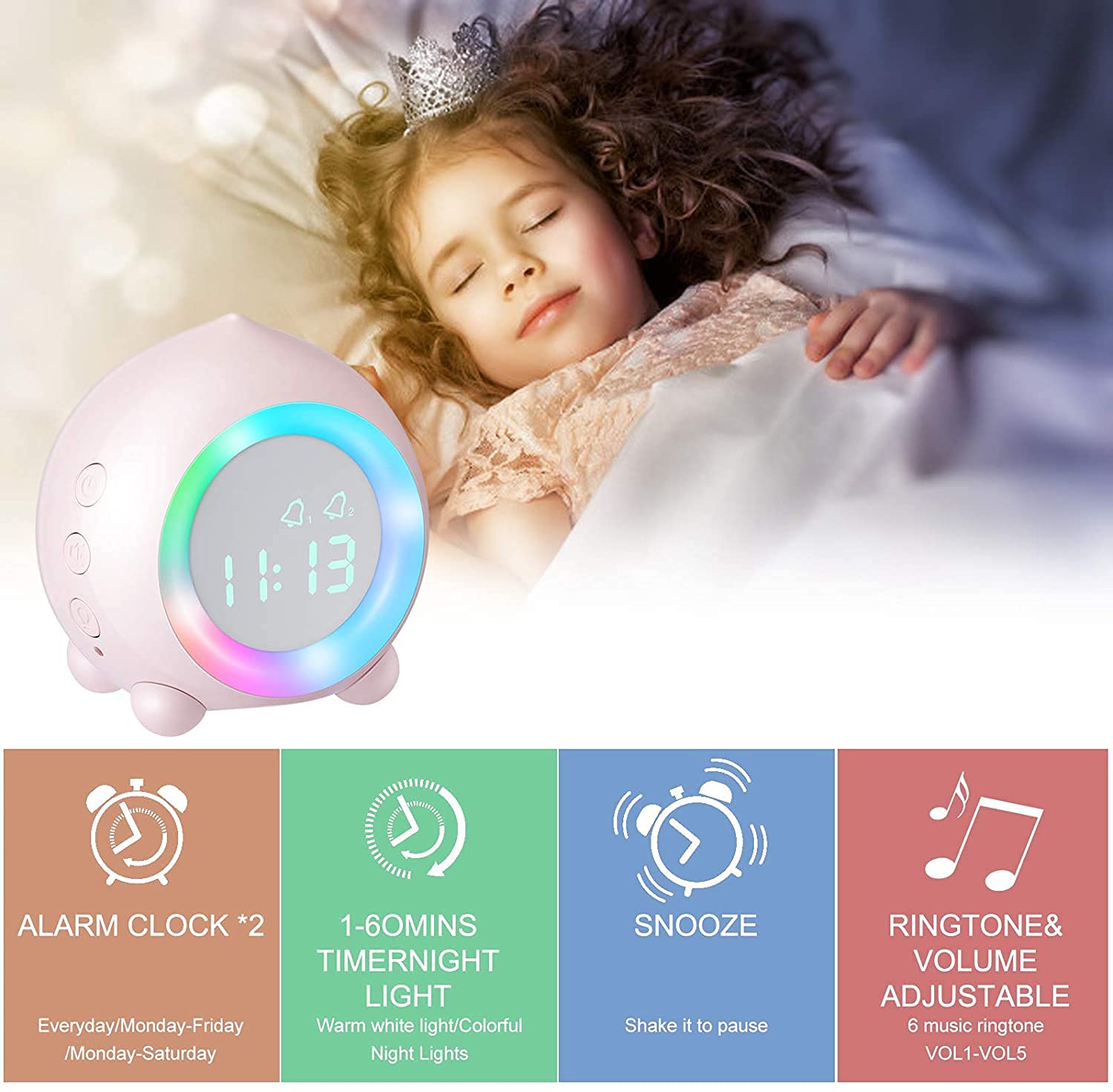 WTL Despertador Reloj despertador para niños, Luz de despertador, Reloj digital, Temporizador de snooze, Función de snooze, Reloj de alarma de simulador digital, Muchacho de la cabecera, reloj despert