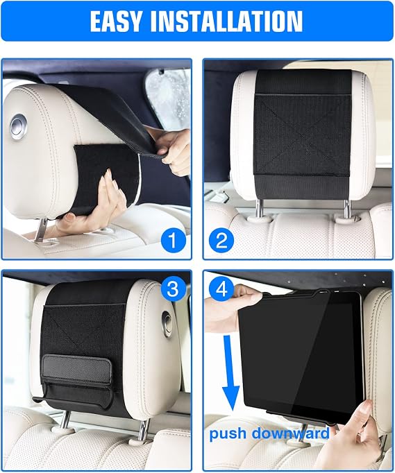 WONNIE Upgrade Tablet Holder for Car, Car Headrest Mount Holder for Back Seat, Car Tablet Mount for Kids with Silicone Strap & Anti-Slip Holding Clamps, Fits All 10-12.9 Tablets