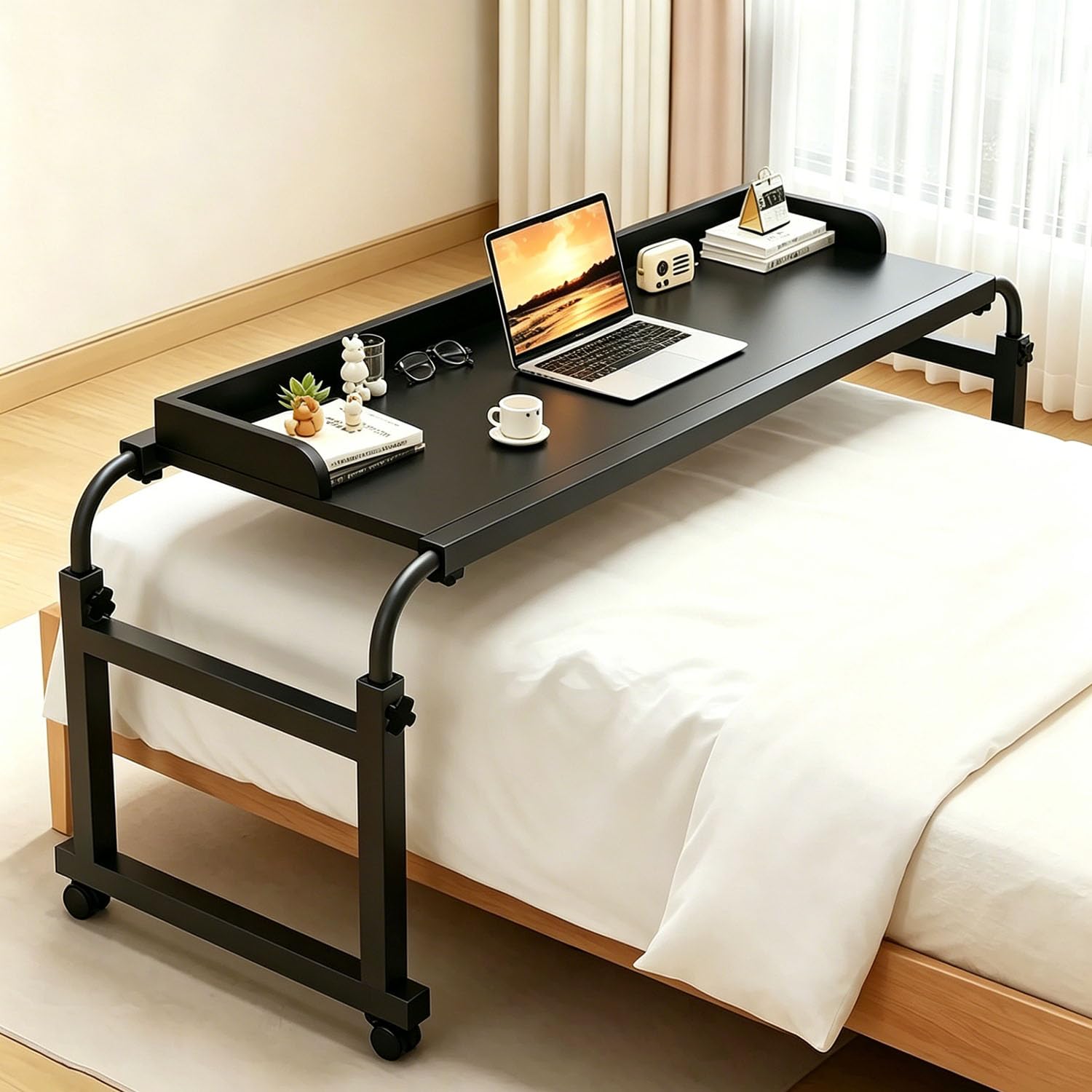 GXQFC Height Adjustable Overbed Table with Wheels, Mobile Rolling Laptop Desk with Anti-Drop Guardrail, Large Over Bed Workstation for Double Bed, Bedroom Working & Eating(Color:Black)