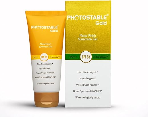 Sun Pharma Photostable Gold Sunscreen, SPF 55+ & PA+++, 12-Hour UV Protection, Dermatologist-Tested Sunscreen, Lightweight Formula, 50g