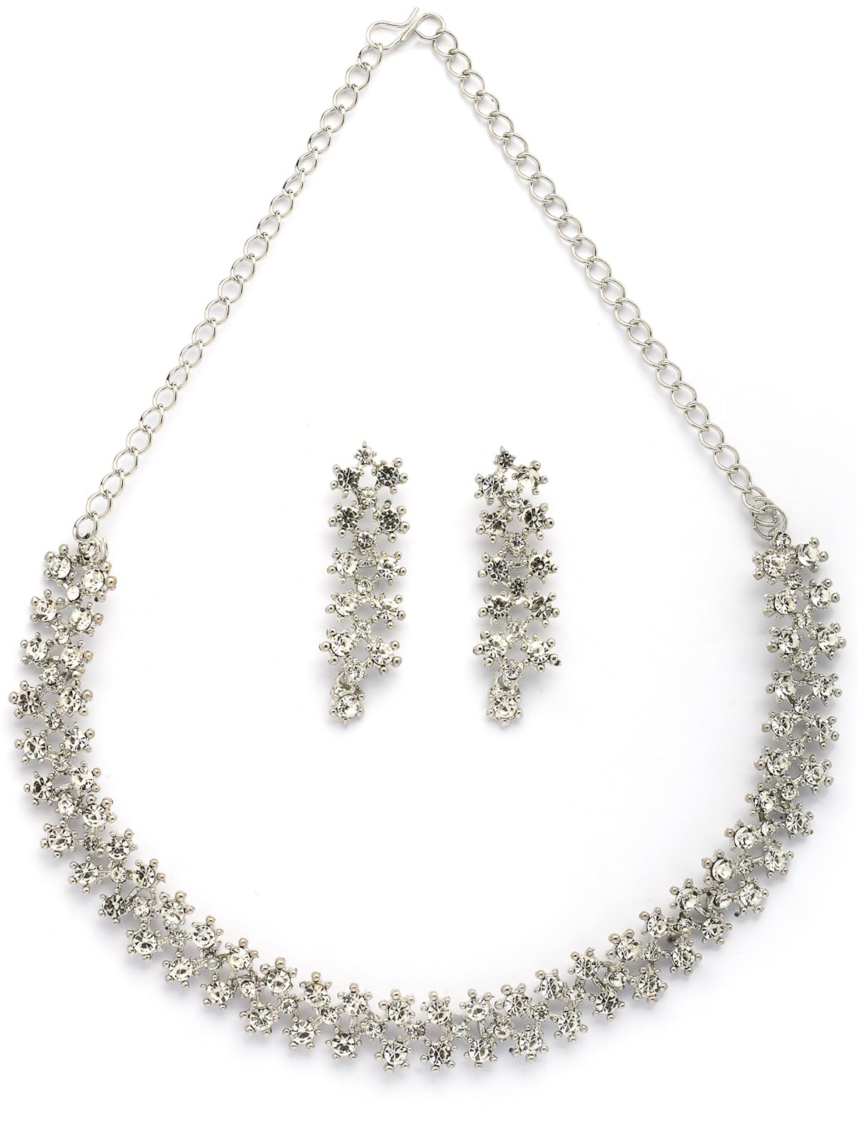 Attractive AD Diamond Studded Rhodium Silver Plated Choker Necklace with Dangle Earring Jewellery Set For Women & Girls|Best Suits for All Festive Occasions|NS107397-image-48
