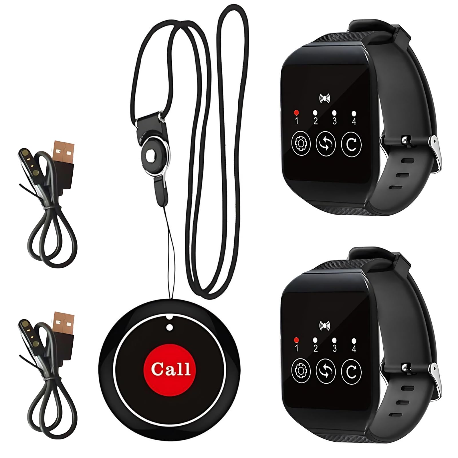 Bewinner Wireless Caregiver Pager, Wireless Calling Pager System with 2 Waterproof Watch Receivers and 1 Call Buttons, Buzzer Call Bell System for Hotels, Clubs