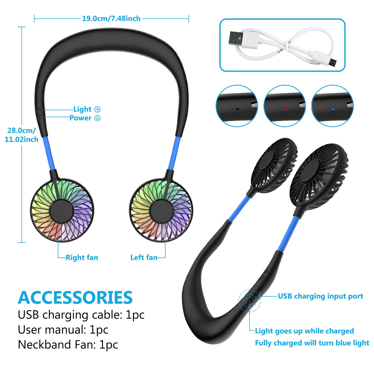 Mini Ventilatore Portatile 2 In 1 – A Collana E A Vita, USB Ricaricabile, 3 Velocità, Forte Flusso D'Aria, Verde