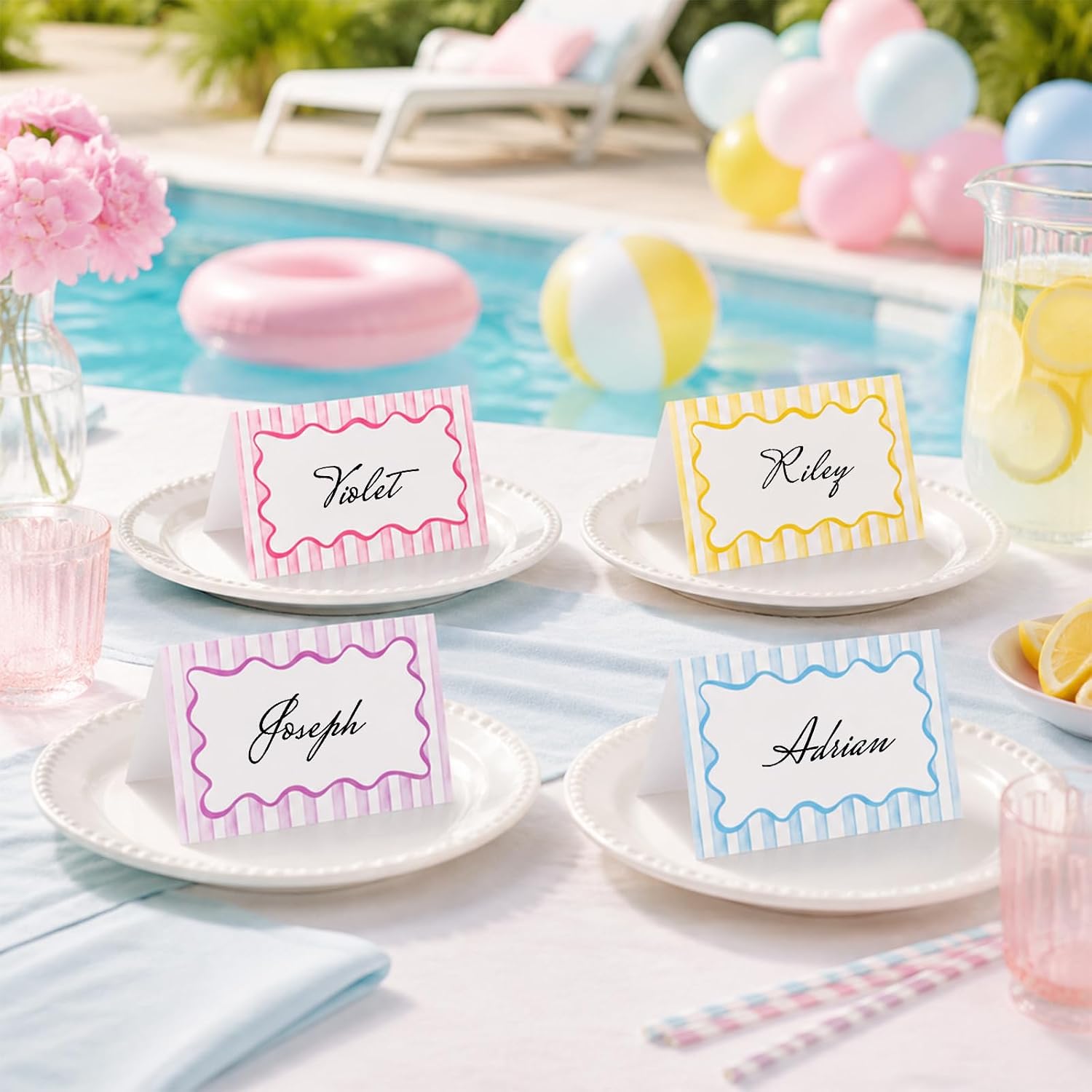 JarThenaAMCS 100 Pcs Pastel Striped Place Cards 2 x 3.5 Inch Summer Ice Cream Stripe Table Name Card Blank Folded Guest Seating Tent Card for Wedding Bridal Baby Shower Birthday Party Decor