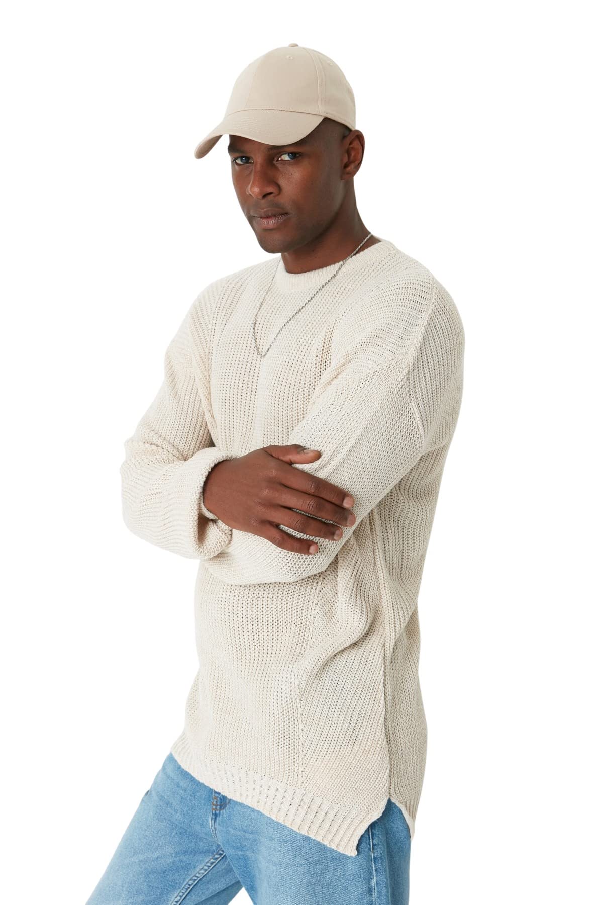 TRENDYOL Herren Pullover mit Rundhalsausschnitt, Einfarbig, Oversize Sweatshirt, Beige, M EU