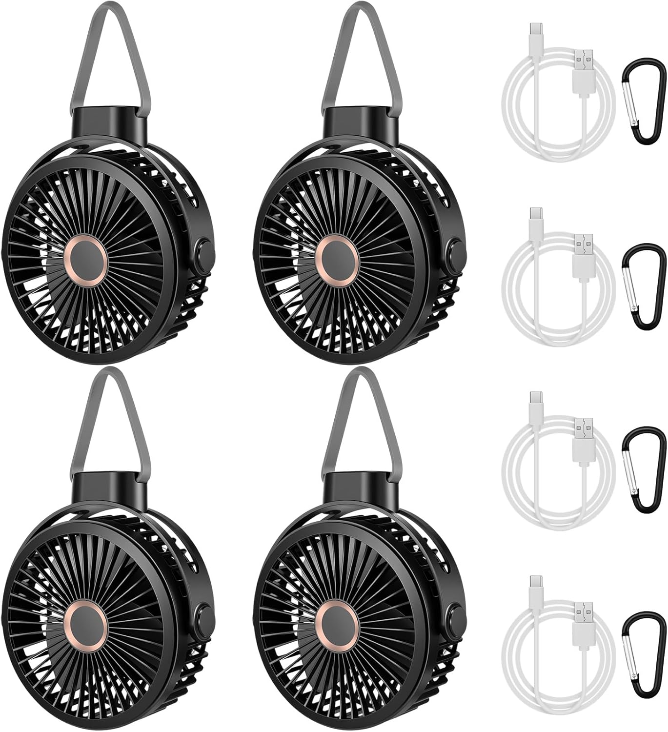 VIHOSE 4 Pack Portable Hanging Camping Fans with Carabiner, 10000mAh Rechargeable Tent Fan, USB Battery Operated, 24H Work Time, Quiet Strong Airflow Desk Fan for Outdoor Travel Barbecue Fishing