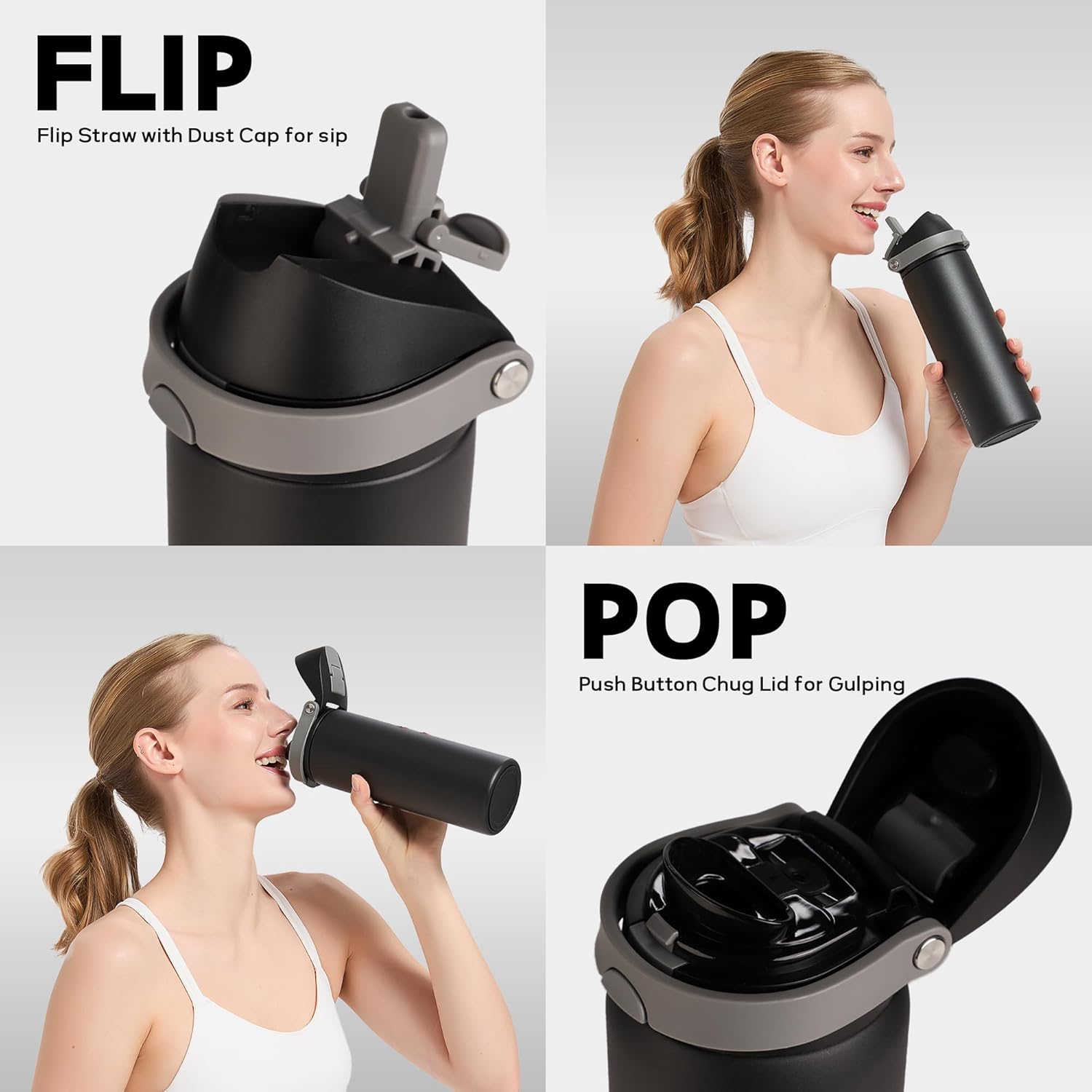 32 oz Insulated Water Bottle for Travel, 2-in-1 Quick Flip Straw and Push Button Spout Lid, Triple Walled Vacuum Stainless Steel Keep Cold for 30Hrs, Leakproof, for Gym, Hiking, Trip, Black - Image 2