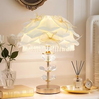 Cute White Table Lamp Girls Bedroom Modern Bow Desk Lamp Crystal Princess Bedside Light for Living Room Wedding Deco Study Room Entry Office
