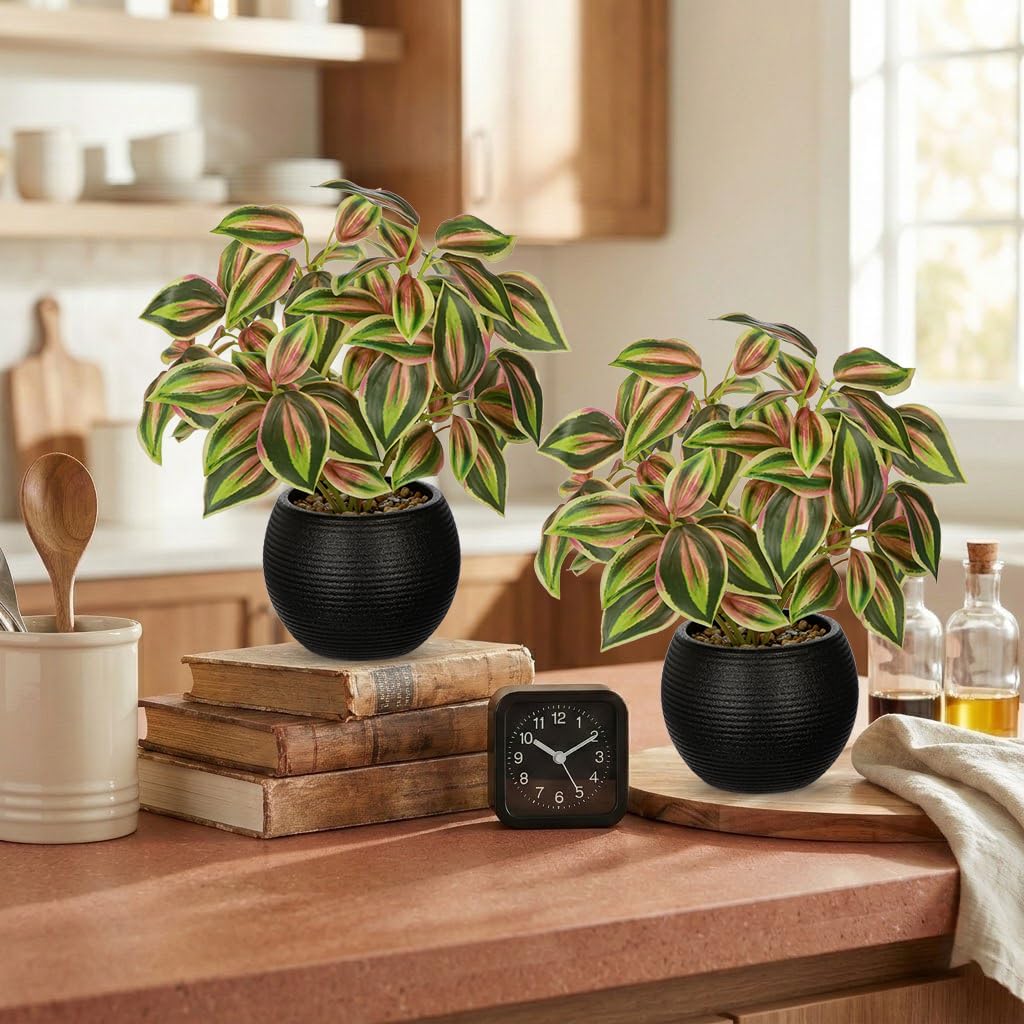 2 Packs Artificial Plants in Black Pot Tradescantia Zebrina Fake Plants Potted Decorative Faux Plant for Home Kitchen Decor