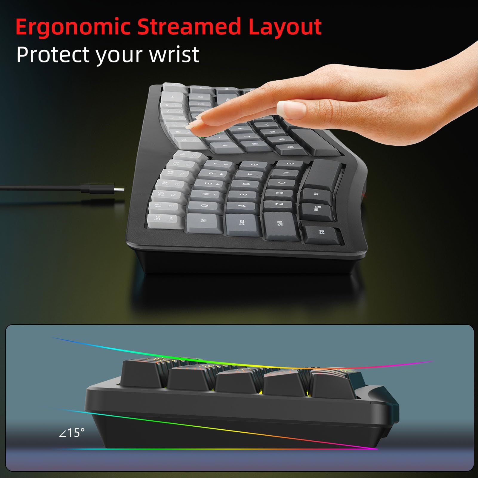 Cuifati Tastiera Ergonomica Cablata, Tastiera Divisa Tipo C Rimovibile con Retroilluminazione RGB, Tastiera da Gioco Cablata Compatta a 69 Tasti, per Laptop Desktop, Plug and Play