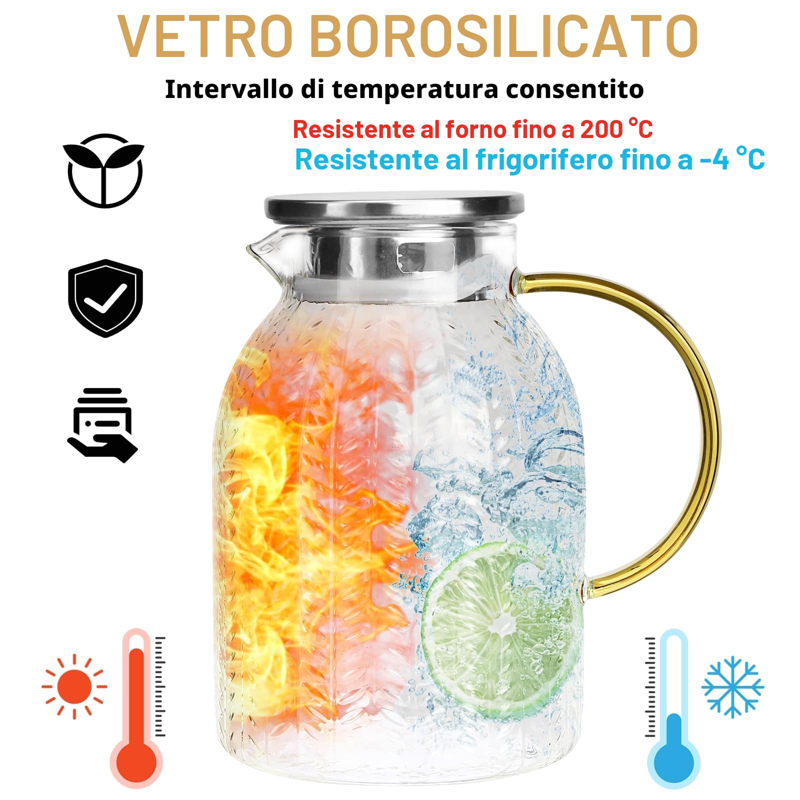 Caraffa in Vetro 2L, Caraffa Vetro con Acciaio inossidabile Coperchio, Trasparente e Resistente Brocca Acqua Vetro, Caraffa Refrigerante per il tè Freddo, Acqua Calda, Fredda, Caffè, Latte, Succo,