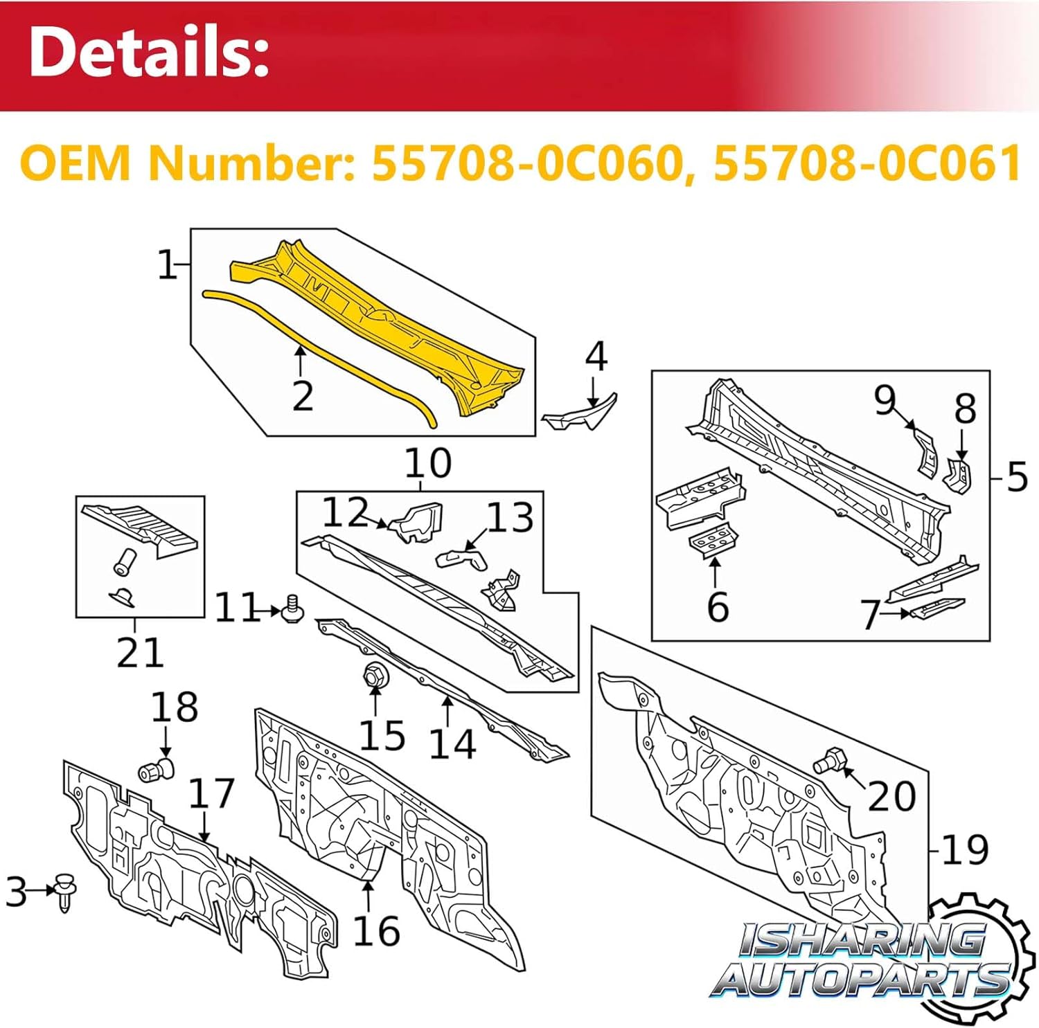 Front Grill Windshield Wiper Cowl Panel Compatible with 2014-2021 Toyota Tundra Black Replace# 55708-0C060, 557080C060, 55708-0C061, 557080C061