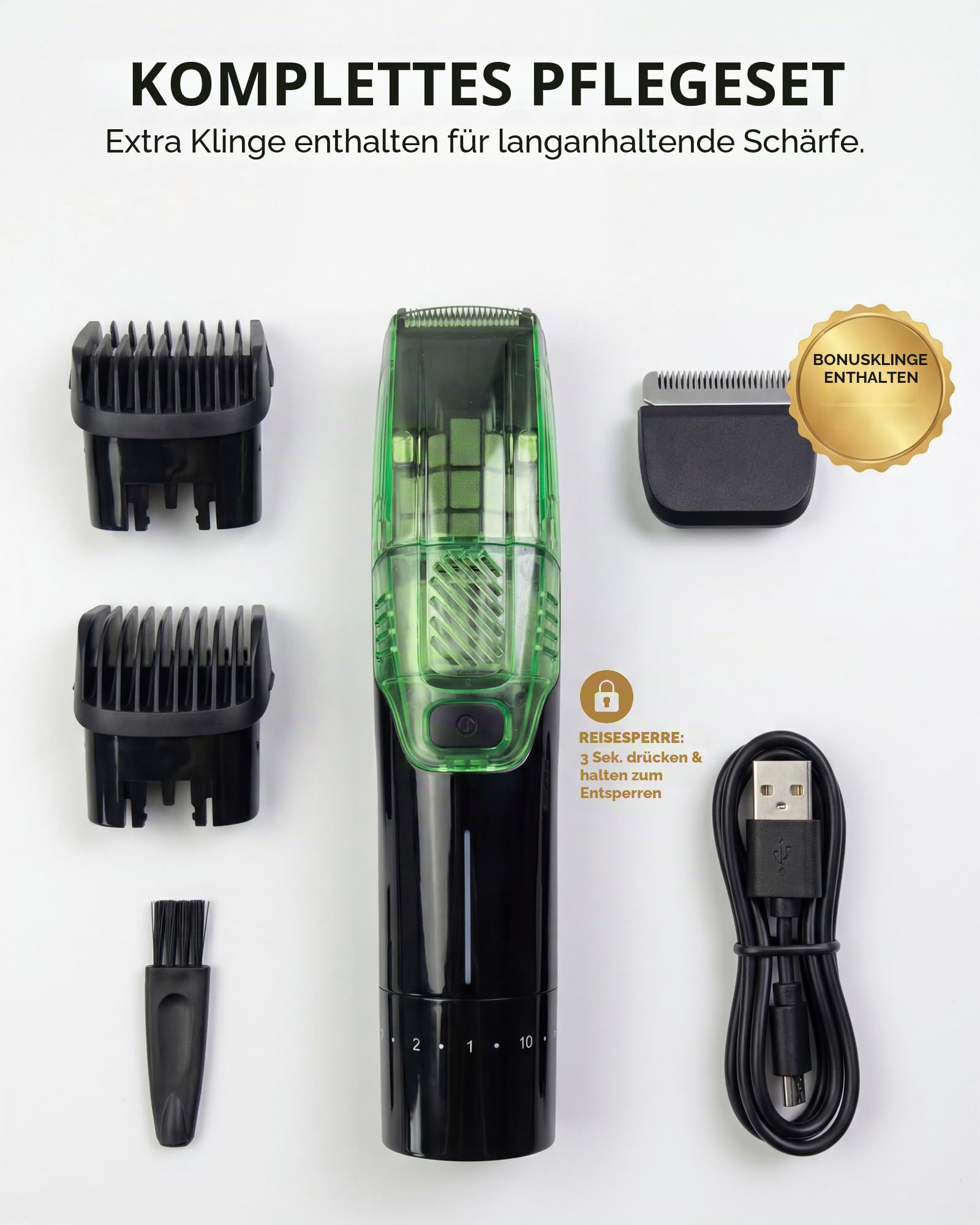 Vakuum Bartschneider für Männer - 2 Geschwindigkeiten Einstellbare Saugkraft & Leistung, IPX6 Wasserdicht Nass/Trocken Schnurlose Haarschneidemaschine 40 Längeneinstellungen (0,5-20 mm), USB-C