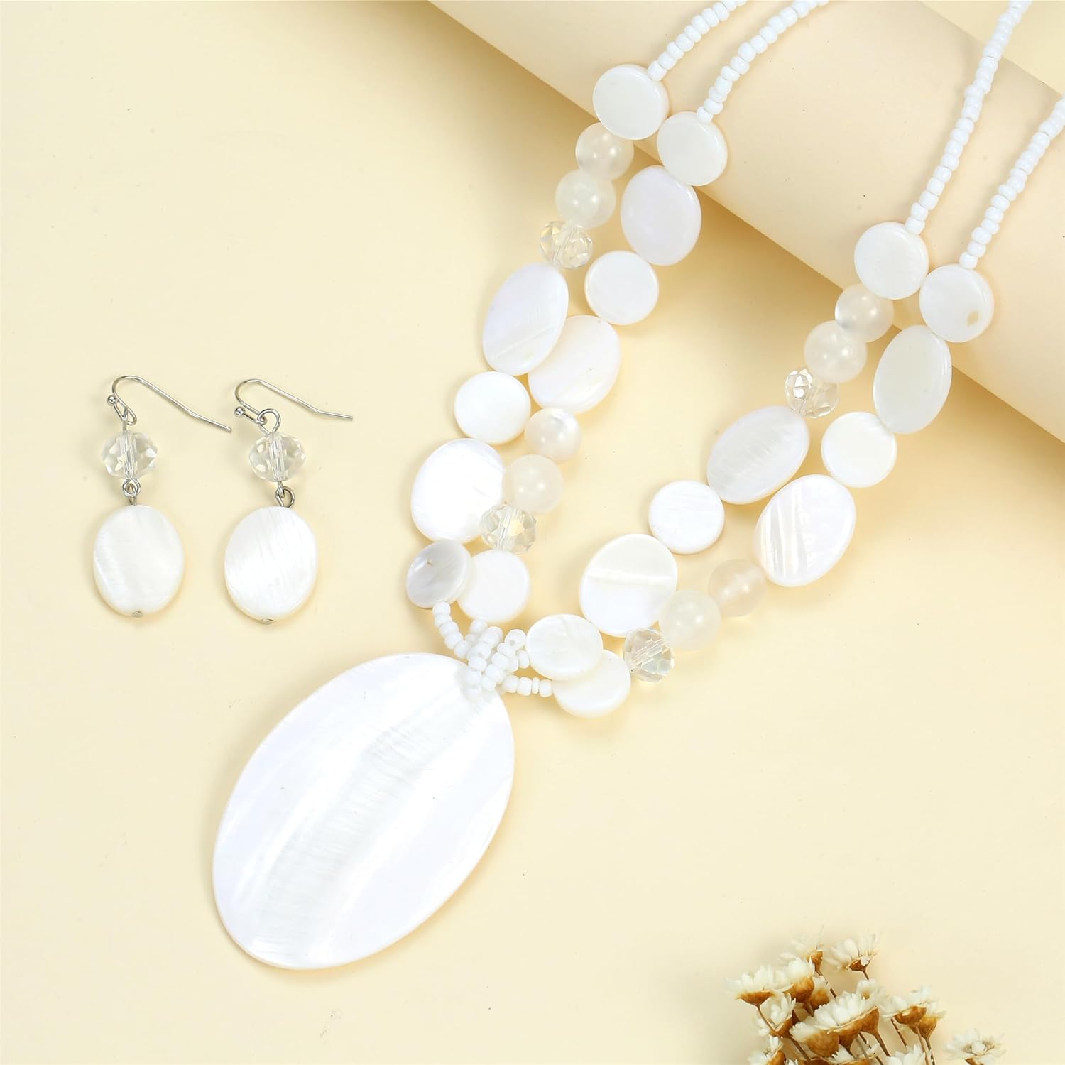 Big Oval Gemotric Pendant Necklace for women Double Strand Colorful Beads Statement Necklace and Earrings Set Fashion Jewelry Gifts - Image 4