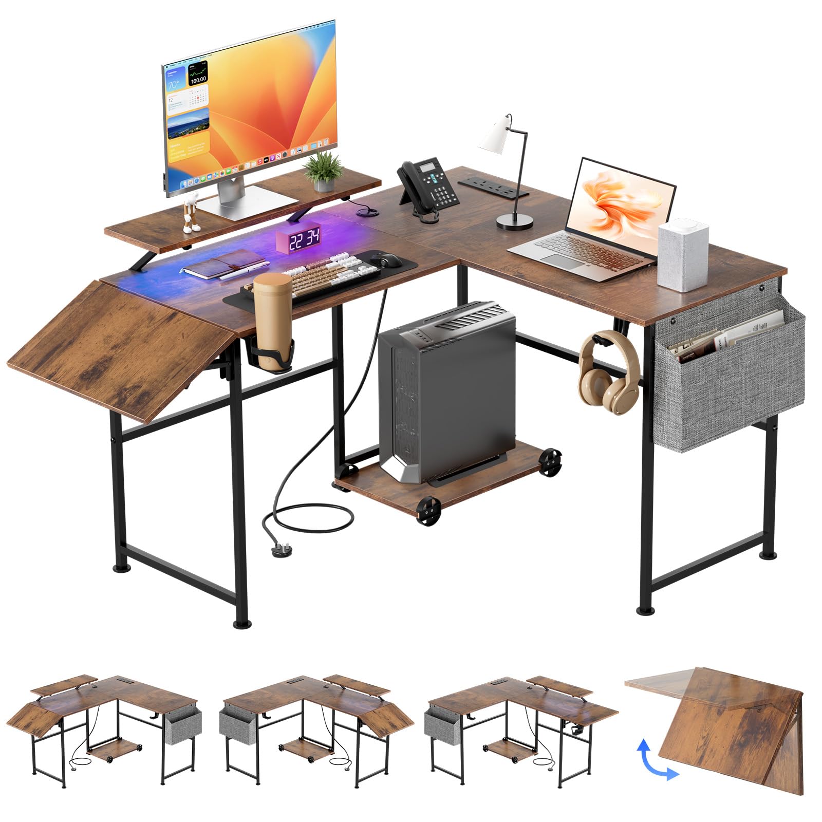 L Shaped Computer Desk with Folding Desk Extender Tray & Power Outlet,Brown