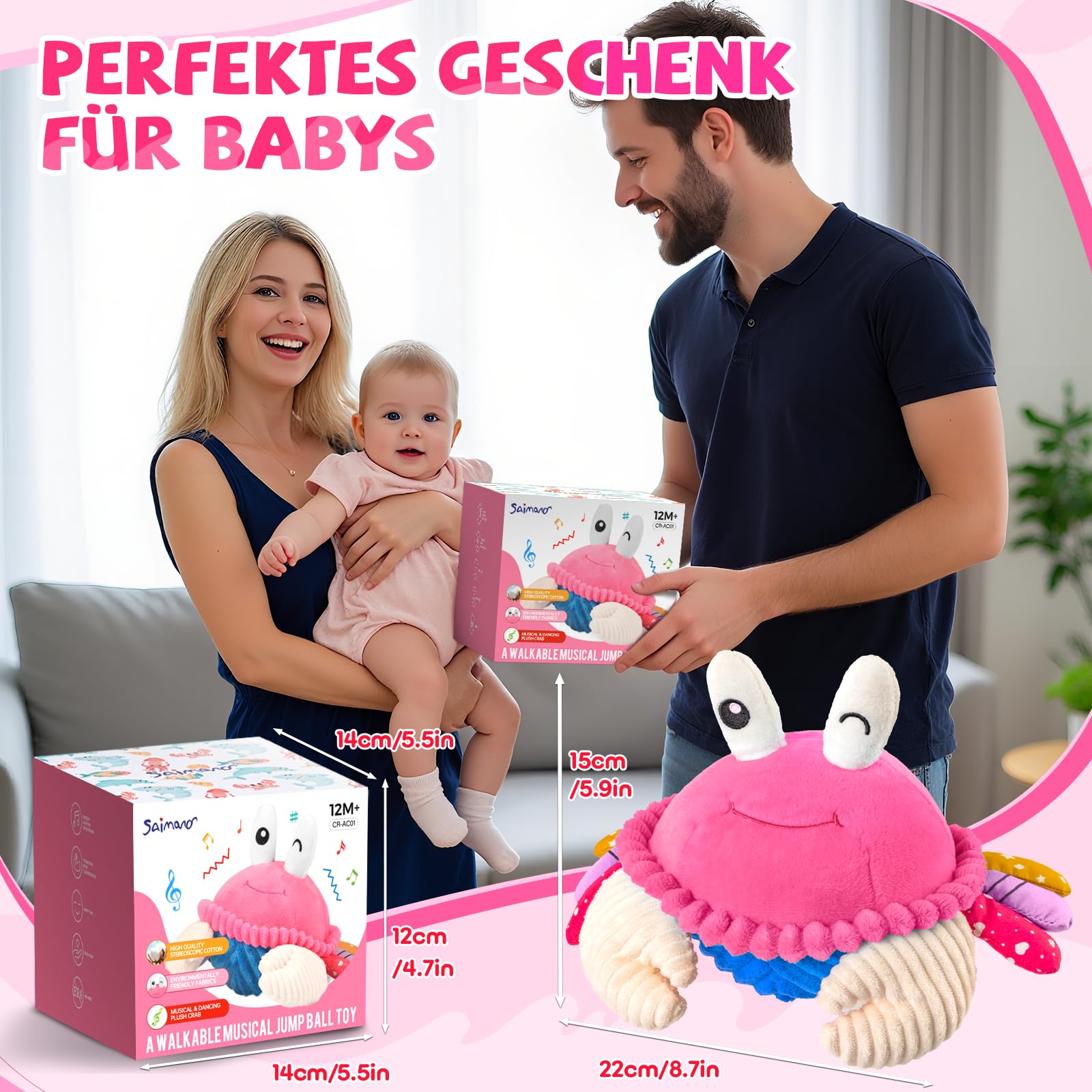 SAIMAND Krabbe Baby Toy 6 7 8 9 10 12 mesi, giocattolo per gattonare musicale, Crawling Crab Tummy Time Toy, giocattolo per bambini a partire da 1 2 anni, regalo per neonati (rosa)