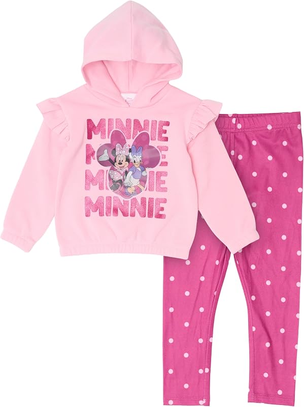 Forro polar lenticular para niñas de Disney Minnie Mouse | Conjunto de buzo con capucha y leggings con detalle de purpurina, conjunto de ropa de estar por casa de 2 piezas