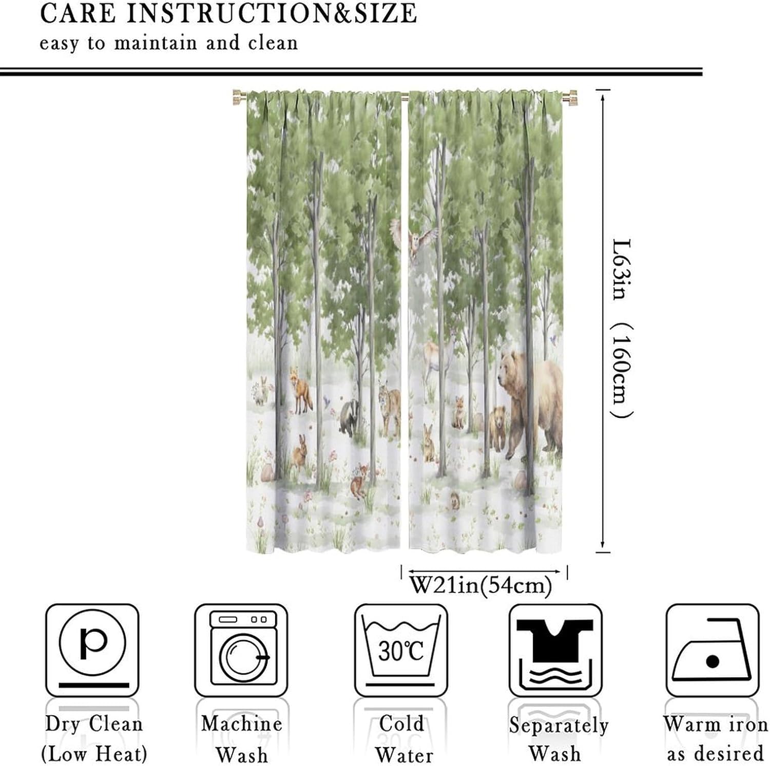 Green Forest Animal Curtain,Watercolor Woodland Bear Deer Fox Squirrel Birls Bird Rustic Cabin Blackout Rod Pocket Window Drapes for Living Room Bedroom Kitchen Set 2 Panels,42x63 Inches