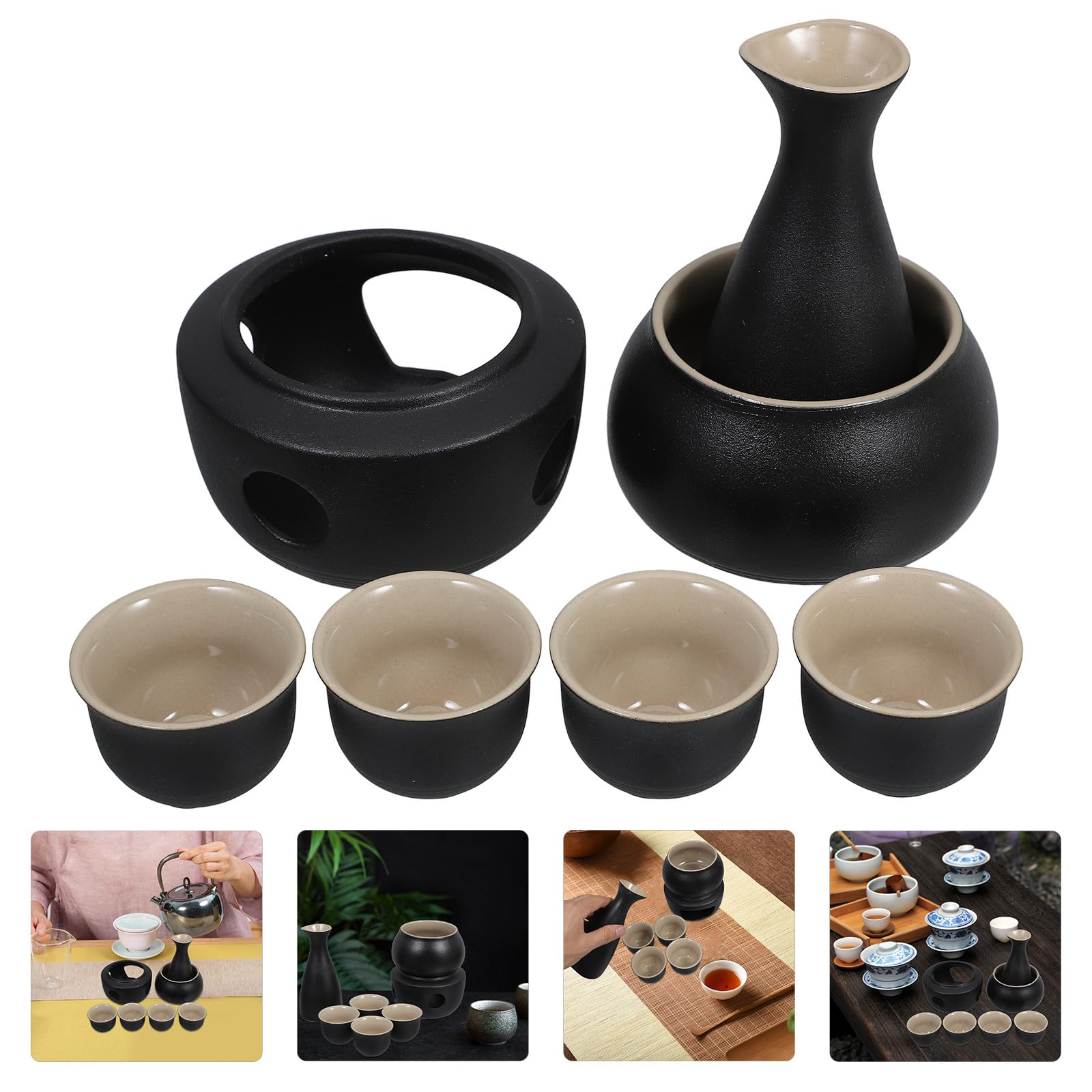 VOSAREA Ensemble de Saké Japonerie Réchauffeur Stable et Facile à Nettoyer en Céramique Noire Tasse 45 ML avec Bouteille Tokkuri 300 ML pour Dégustation Traditionnelle