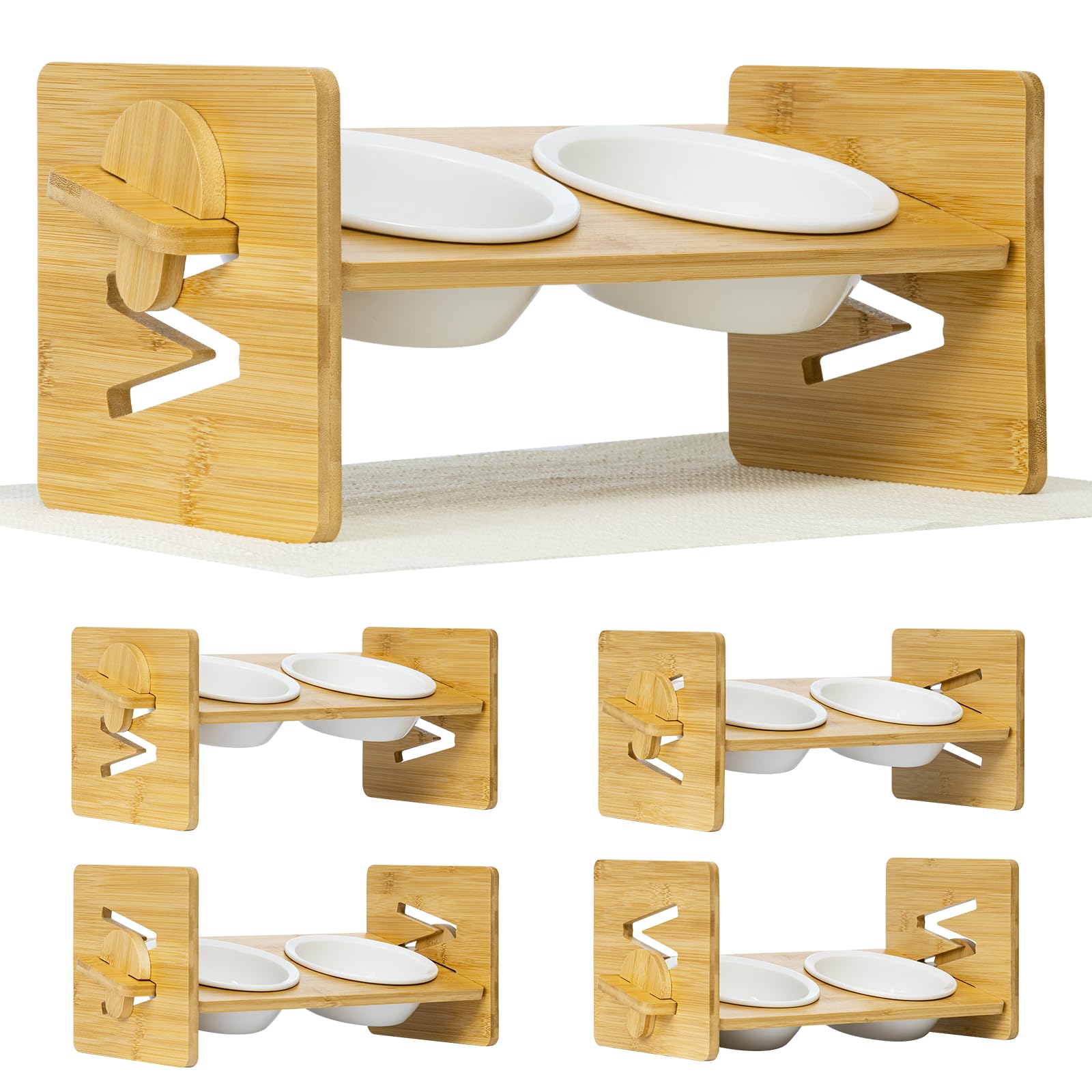 Comedero Gato - Comedero Elevado Perro - Cuencos con una inclinación de 15 º para Agua y Comida en Soporte de bambú, Juego para Gatos y Cachorros
