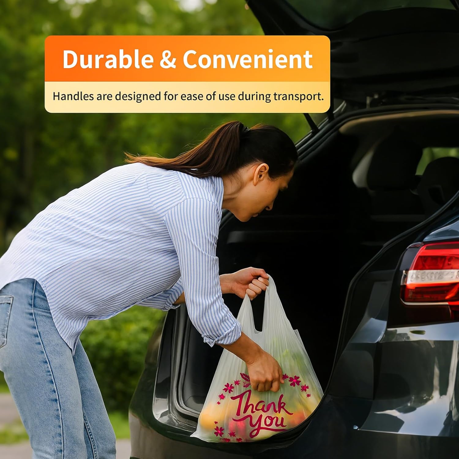 ZENFUN 500 Pack Thank You T Shirt Bag, 15 Mic, 0.6 Mil Bulk White Shopping Bag with Handles, Plastic Grocery Bags To-go for Small Business, Retail, Restaurant, Takeout, 13 x 7 x 21 Inches - Image 6