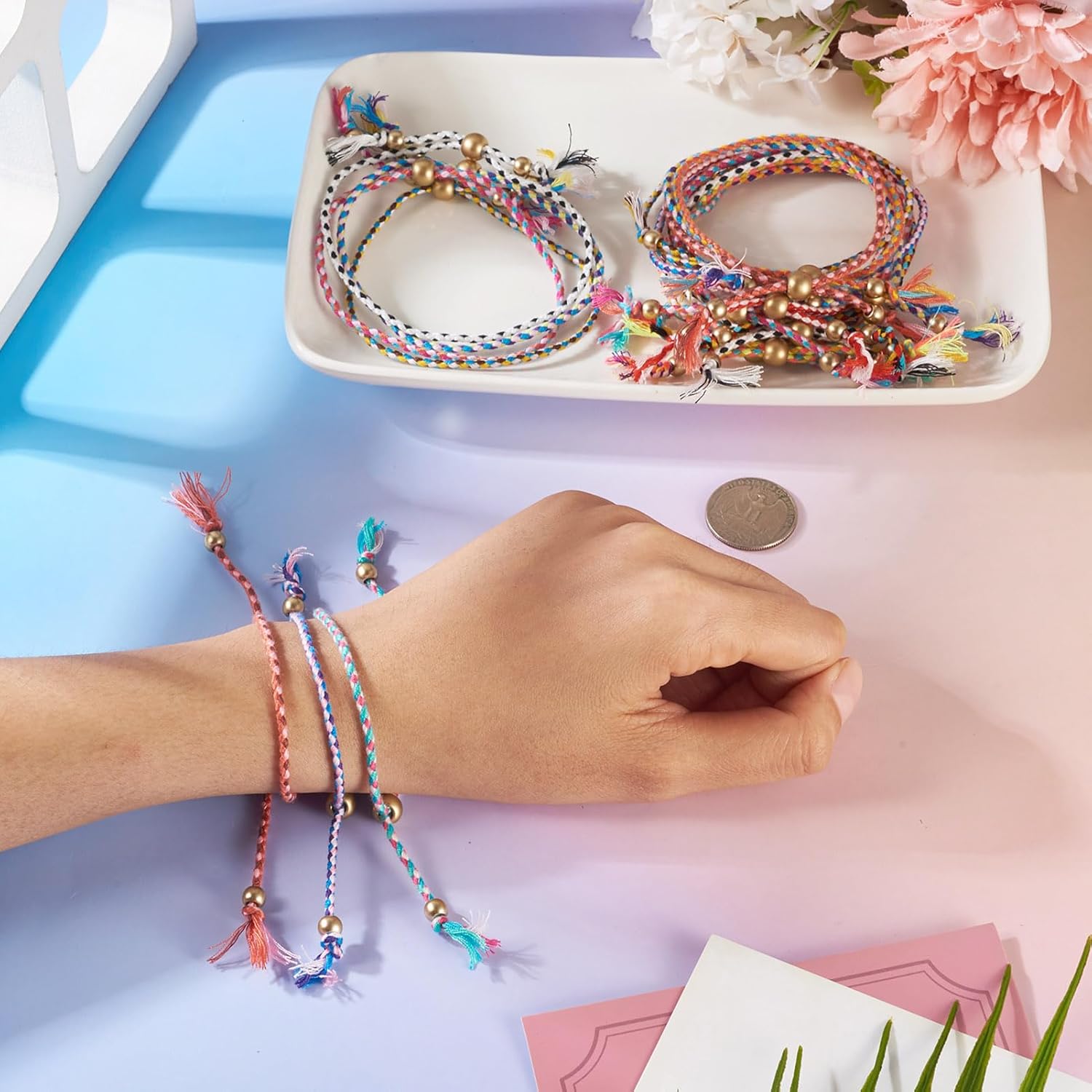 24Pcs Bohemian Adjustable Braided Cord Knotting Bracelet Ropes with Resin Bead,Polyester Waxed Thread Half Finished Nylon Slider Bracelet for Wrist DIY Women Jewelry Making Friendship Bangle - Image 4