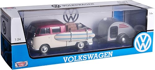 Miniatura 7 de Motormax 79673 - Camión pickup Volkswagen T1 color morado y crema con tabla de surf, accesorios y remolque de lágrima gris 124 modelo de automóvil