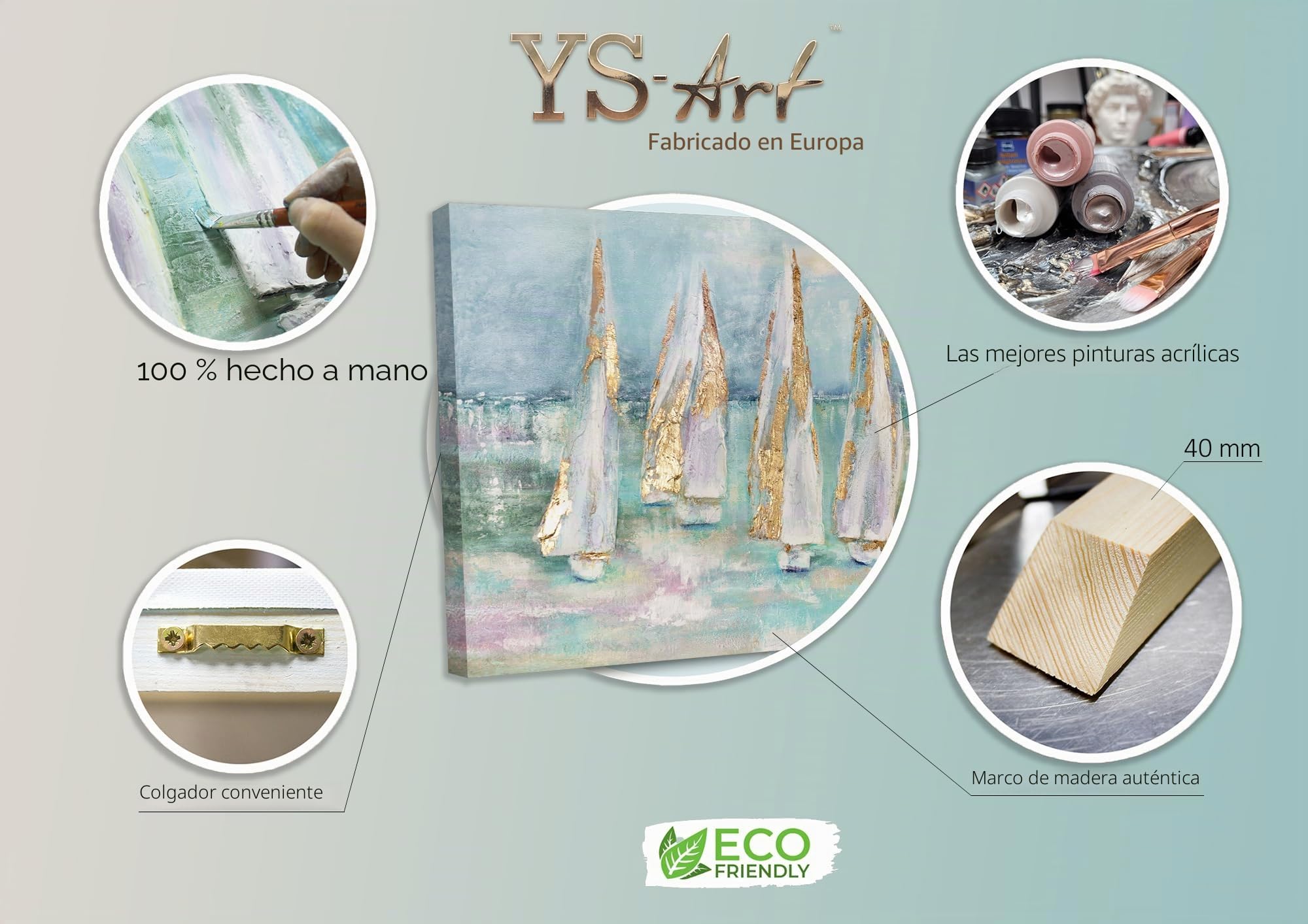 YS-Art Pintura hecha a mano Paisaje marino Veleros Tonos turquesa brillante con dorado Motivo veraniego Barcos Decoración 120x60 cm