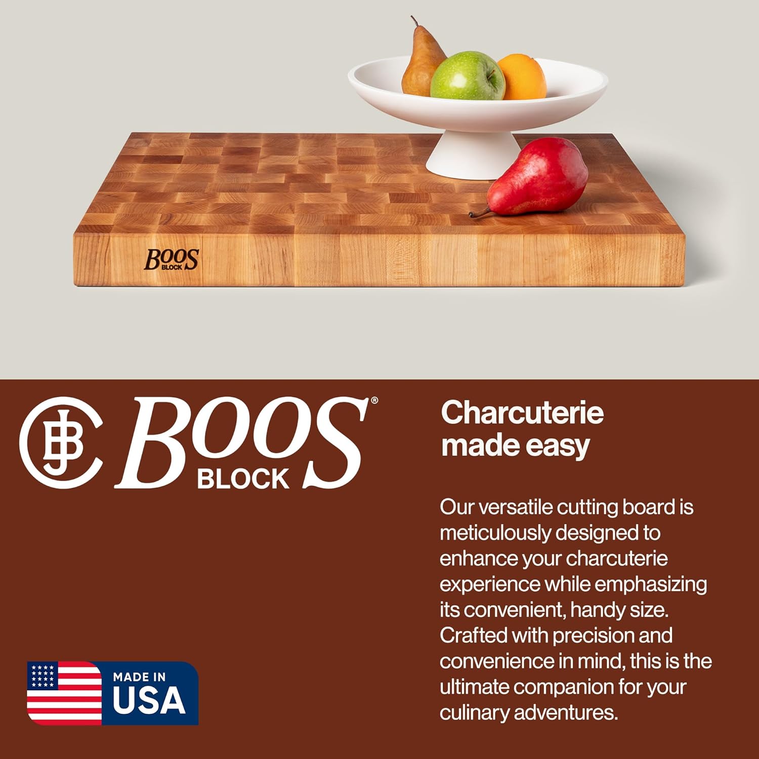 John Boos CCB Series Rectangular Wooden Maple Cutting Board 24”x18” – 2.25” Thick, 30-lb Reversible Butcher Block with End-Grain & Finger Grips – Made in the USA