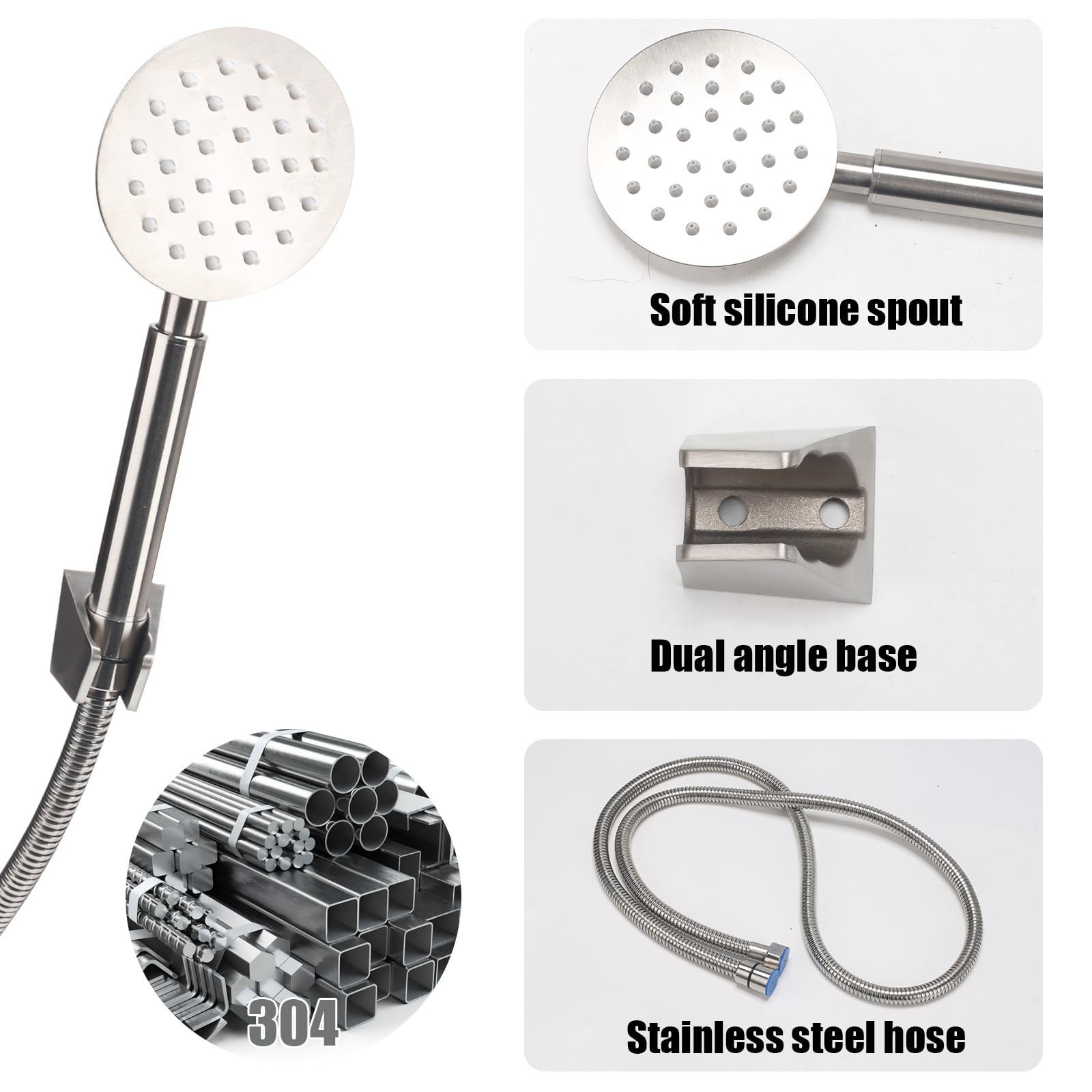 Rubinetto Vasca da Bagno con Doccetta, Miscelatore Vasca da Bagno in Acciaio Inox, Rubinetto Doccia da Muro Monocomando, Miscelatore Doccia Esterno, per Bagni, Vasche, Argenteo
