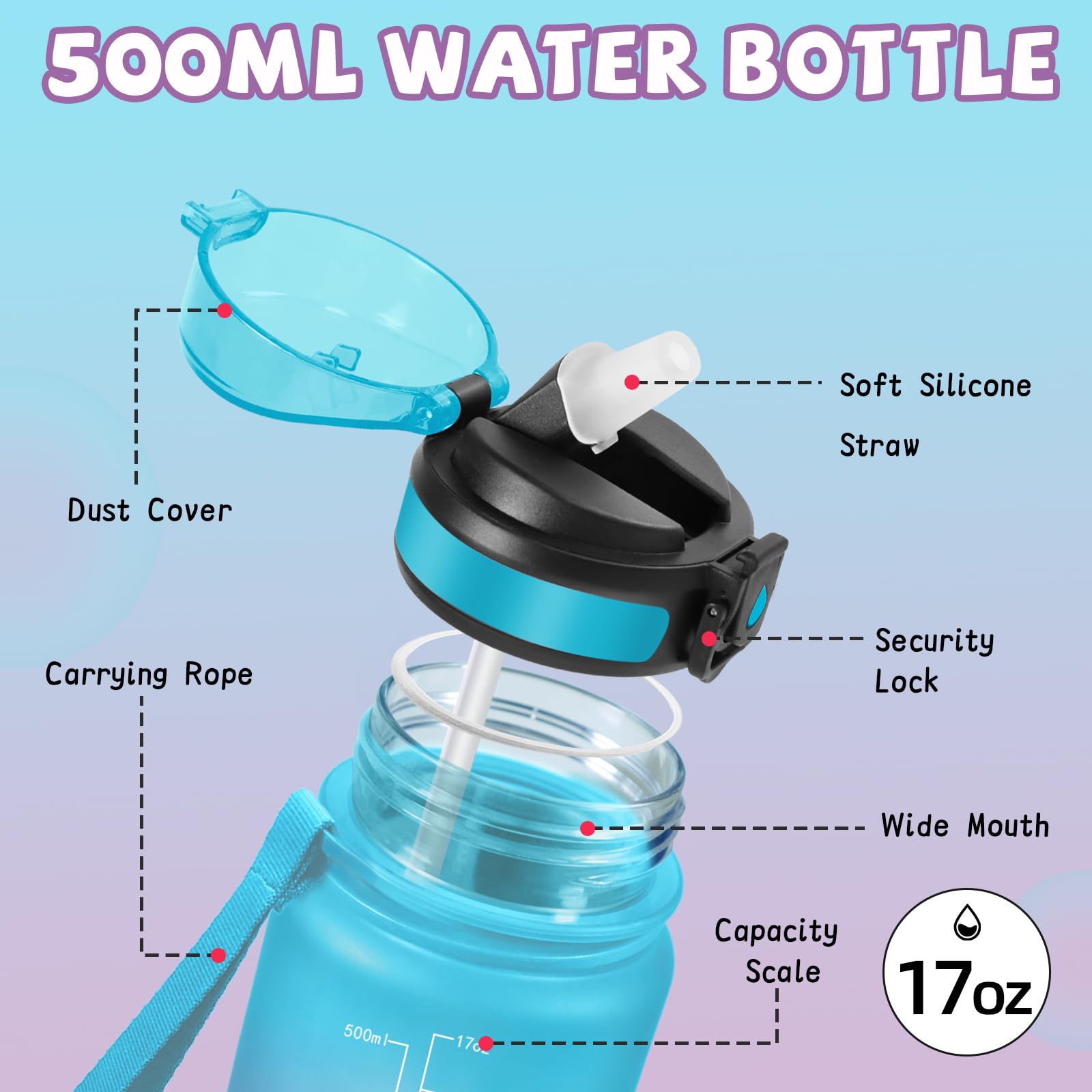 Grsta Borraccia- 0,5 litri- Borraccia Bambini, Bottiglia con Cannuccia, Senza Perdite, Borraccie Motivazionale, Facile da Pulire, Borracce con Chiusura di Sicurezza, per Scuole, Corsa, Viaggio