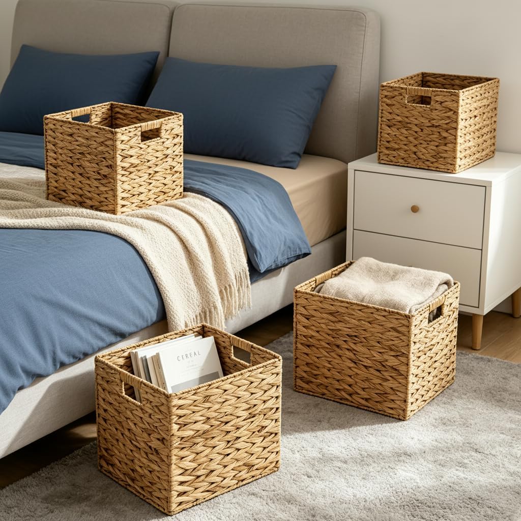12 Inch Wicker Baskets for Cube Storage,4-Pack Water Hyacinth Woven Baskets, Foldable Cube Storage Bins for Shelf Home Organization,Woven Square Basket Organizers