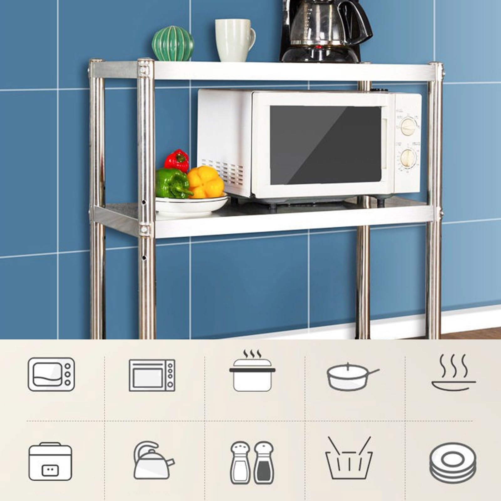 Banco da Lavoro in Acciaio Inossidabile, Ripiani robusti e stabili da Pavimento, Tavolo da Cucina in Metallo, Tavolo da Preparazione Commerciale, Ripiani Aperti multifunzionali (80x40x80 cm