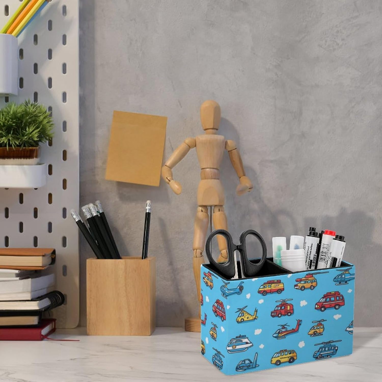 Fire Truck Helicopter Pencil Pen Holder PU Leather Desk Storage Organizer Makeup Brush Box