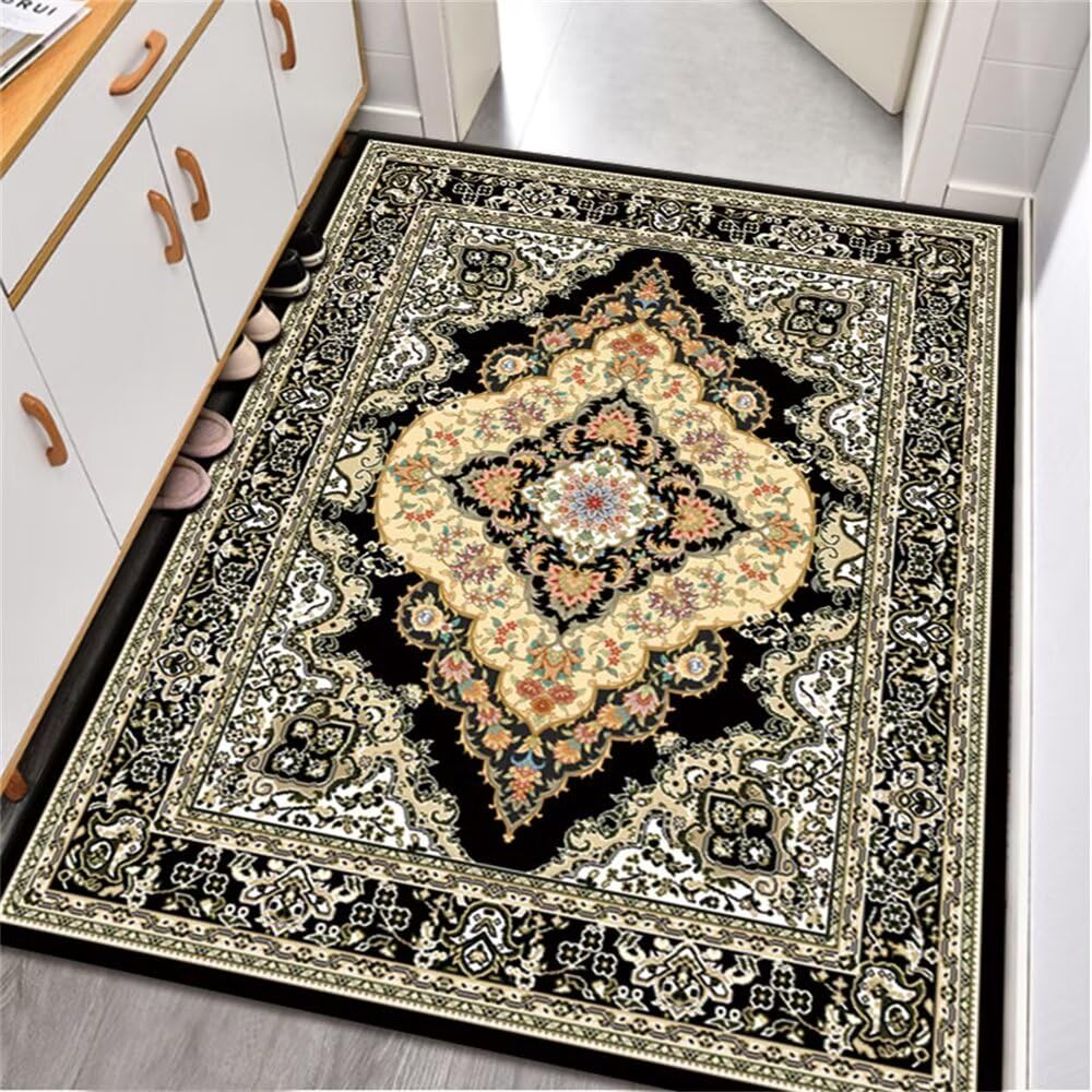 Tapis plante noire multicolore maison deco doux lavable 90x200