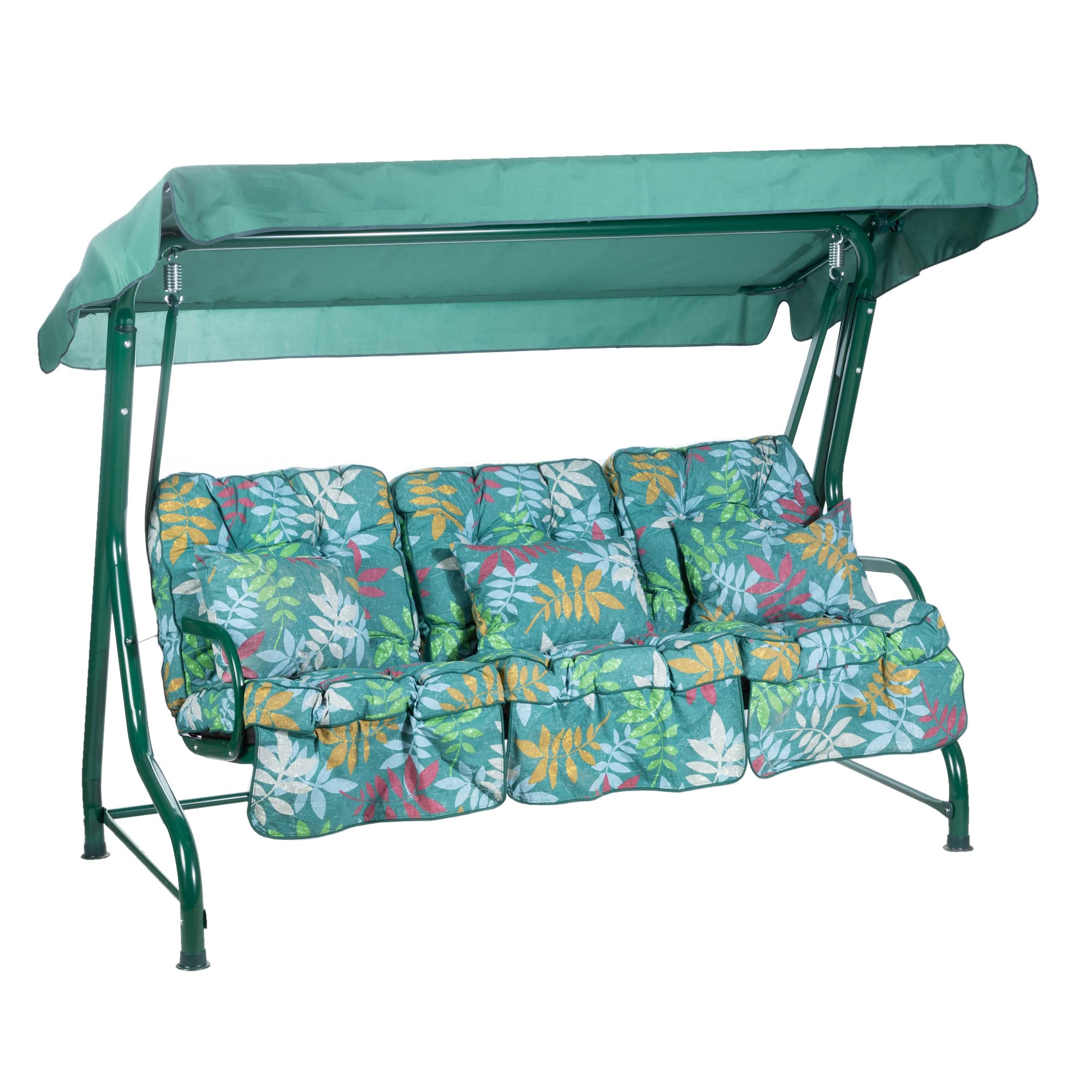 Alfresia Alexandra Green Leaf Roma 3 Seater Garden Swing Seat With Adjustable Water-Resistant Canopy And Classic Cushions, Heavy Duty Outdoor Patio Swing Seat Supporting Up To 250 Kg For Garden, Lawn Or Decking
