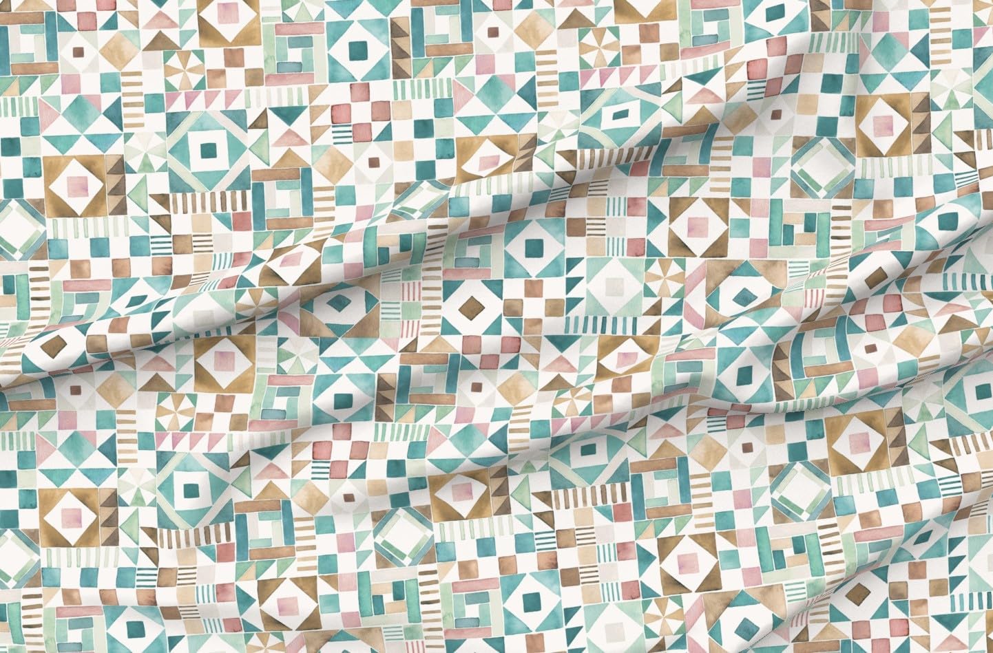 Spoonflower Fabric - Watercolor Geometric Faux Tile Art Deco Square Checkered Patchwork Printed on Petal Cotton Fabric Fat Quarter - Sewing Quilting Apparel Crafts Decor