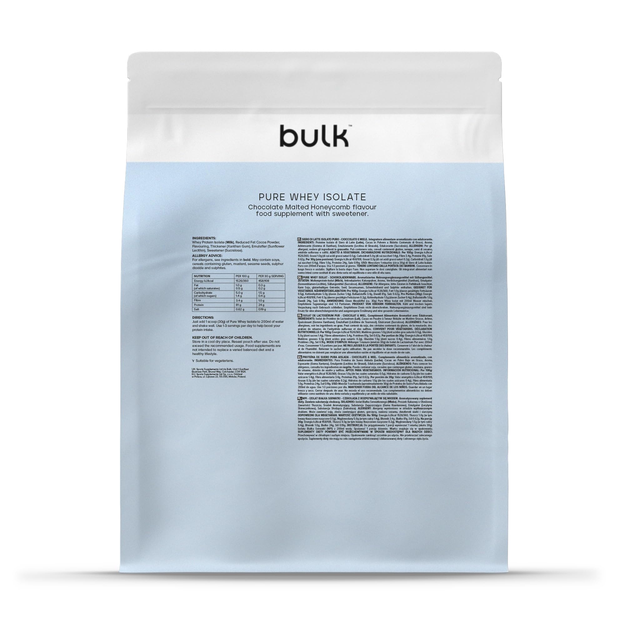 Bulk Pure Whey Isolate, Nid d'Abeille Malté au Chocolat, 1kg | 25g de protéines portion, Isolat de lactosérum, Faible en matières grasses, Absorption rapide