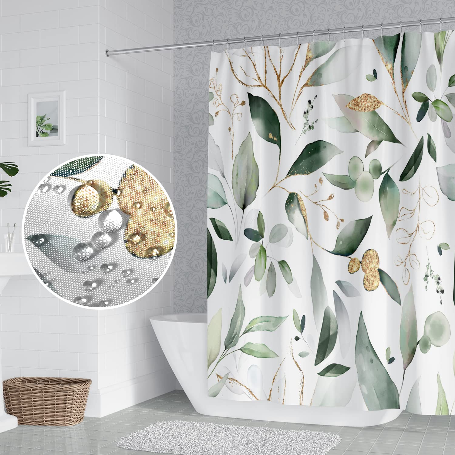 Cortinas de Ducha abstractas de Hojas de eucalipto, Verde Salvia, Hojas Doradas, Naturaleza para baño, Estilo Granja, decoración del hogar, Cortina de Ducha de Tela de poliéster Impermeable con