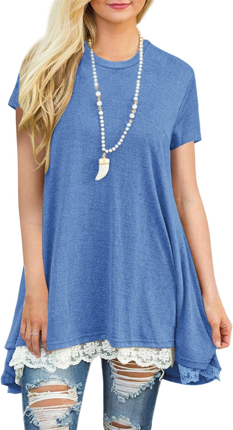 Womens Tunics Short Sleeve Lace Round Neck Swing Tunic Shirt Blouse Top XXL Blue