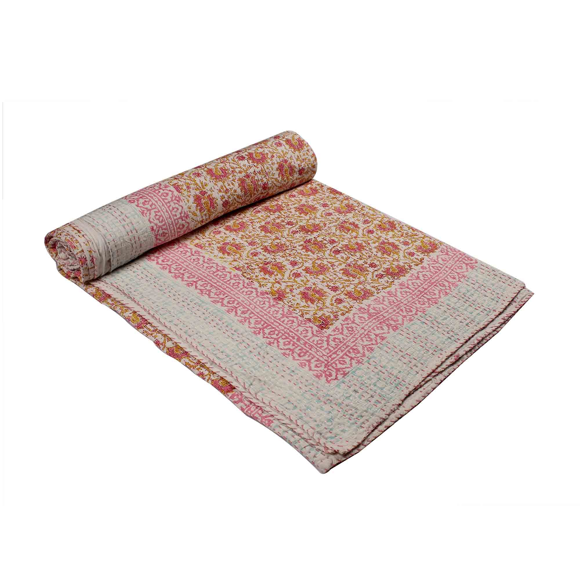 Couvre-lit Kantha fait main en coton : invitez la poésie des fleurs dans votre maison